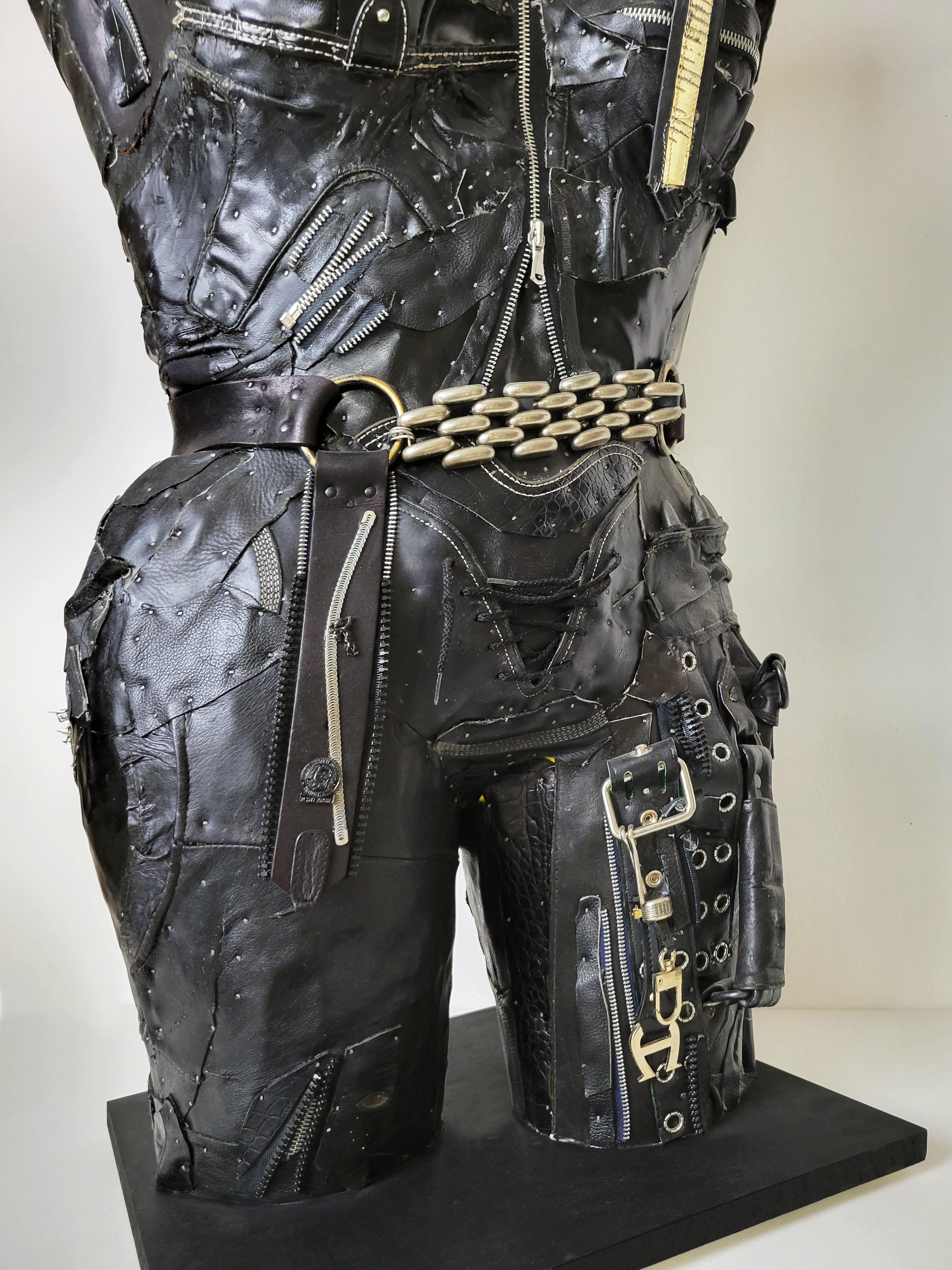 Feminist Contemporary Black Leather Metal Torso Sculpture - Need's Answer 741  For Sale 1