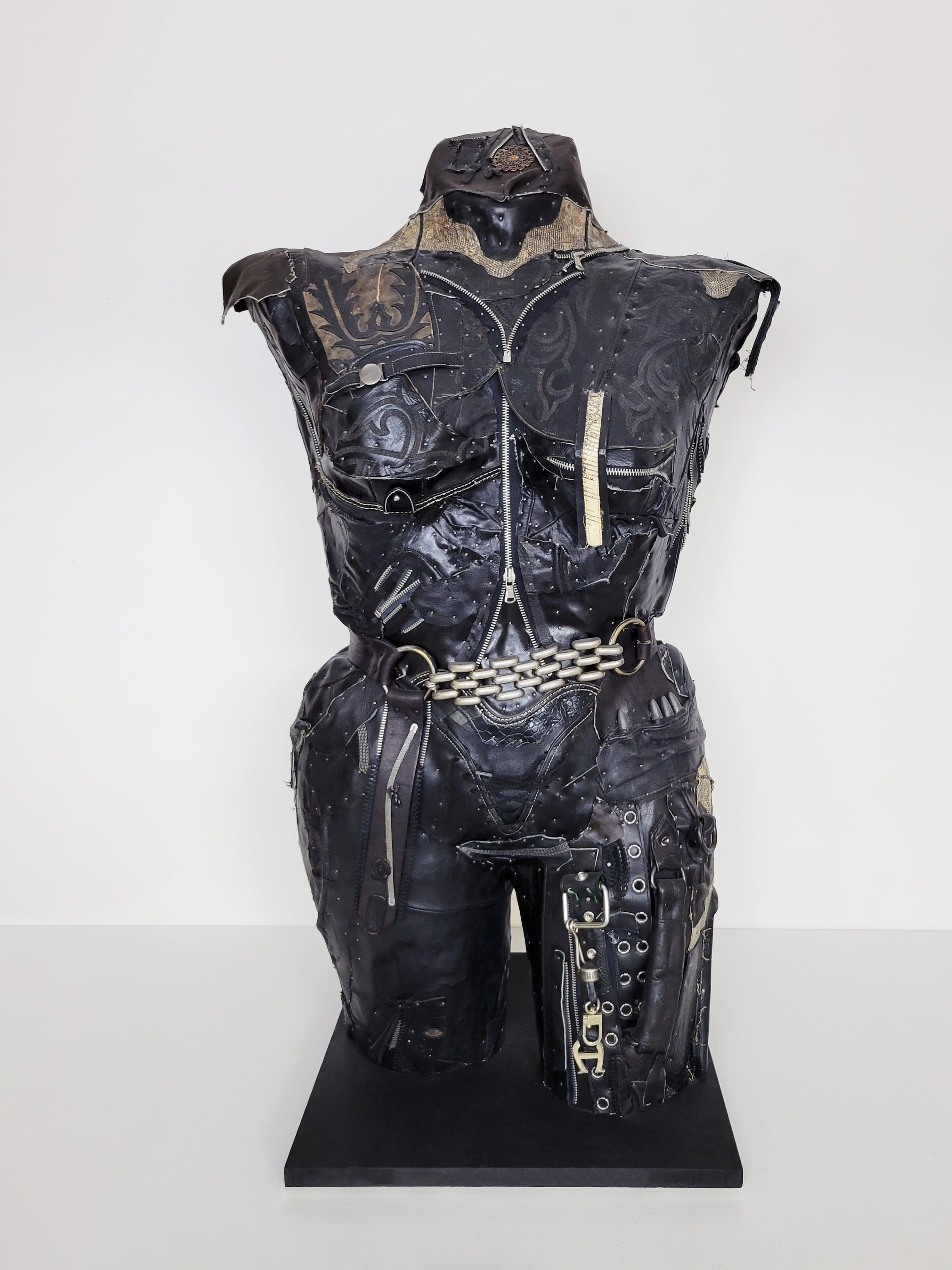 Linda Stein Figurative Sculpture - Feminist Contemporary Black Leather Metal Torso Sculpture - Need's Answer 741 