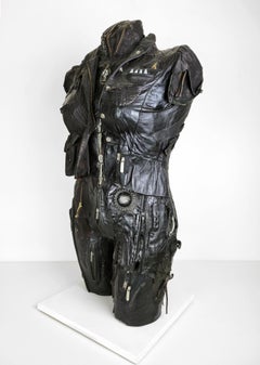 Feminist Contemporary Black/Silver Leather Metal Torso Sculpture - On Call 707