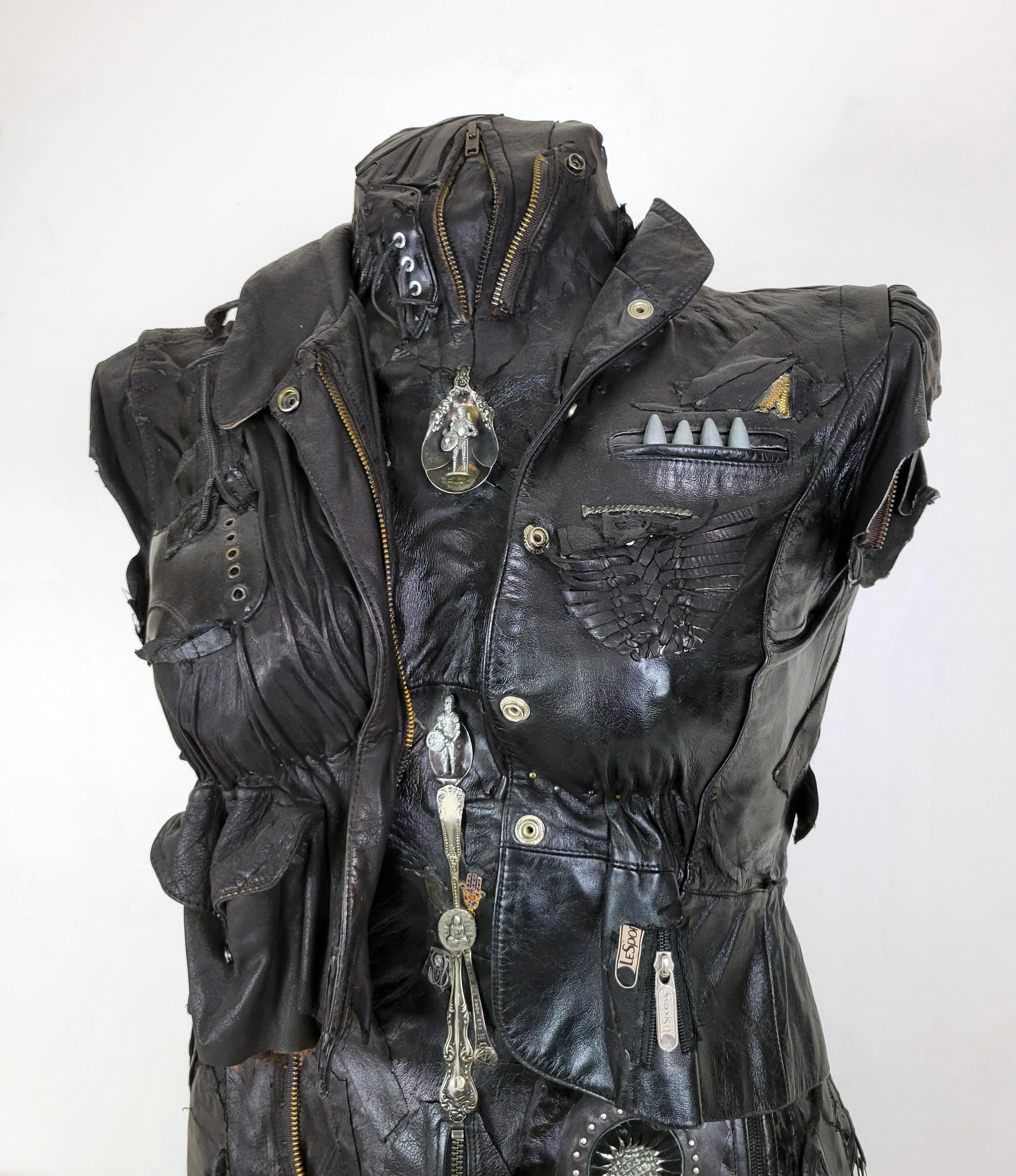 Feminist Contemporary Black/Silver Leather Metal Torso Sculpture - On Call 707 - Gray Figurative Sculpture by Linda Stein