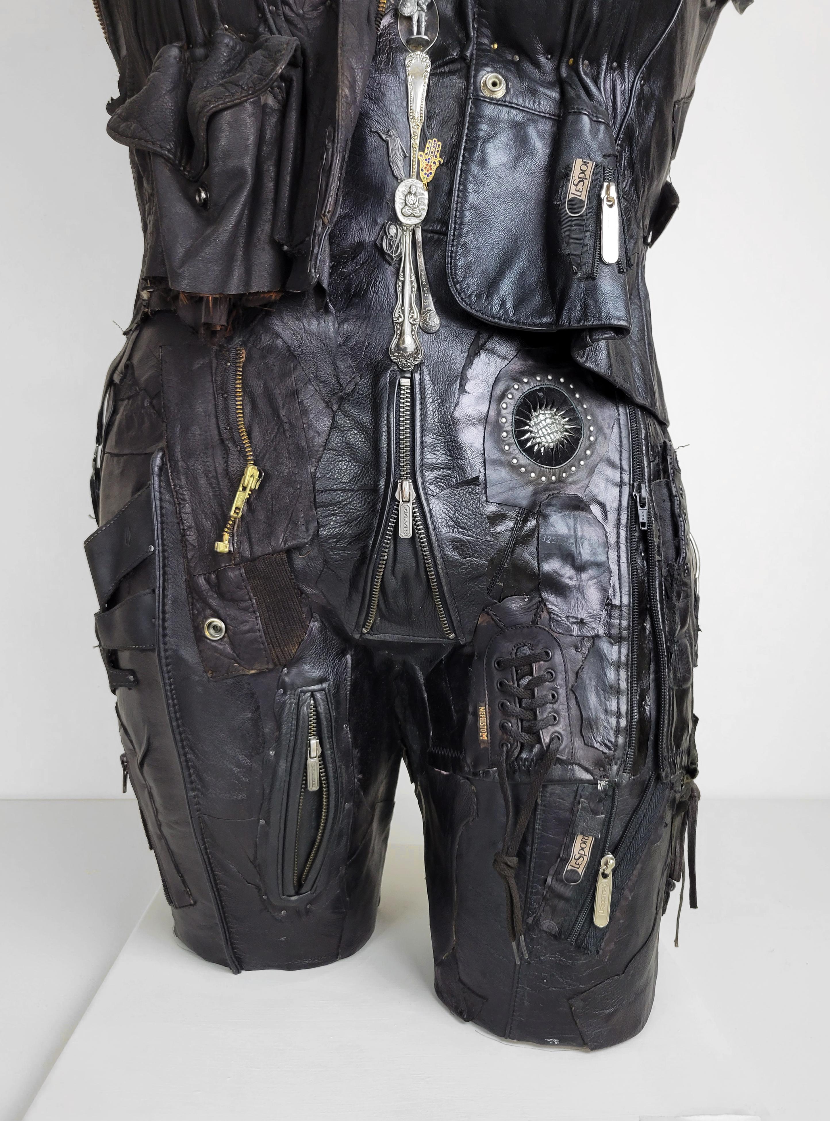 Linda Stein, On Call 707 - Feminist Contemporary Black/Silver Leather Metal Torso Sculpture 

Starting in 2007, the artist Linda Stein began to explore gender multiplicities and diversities in her sculptural series The Fluidity of Gender.  The