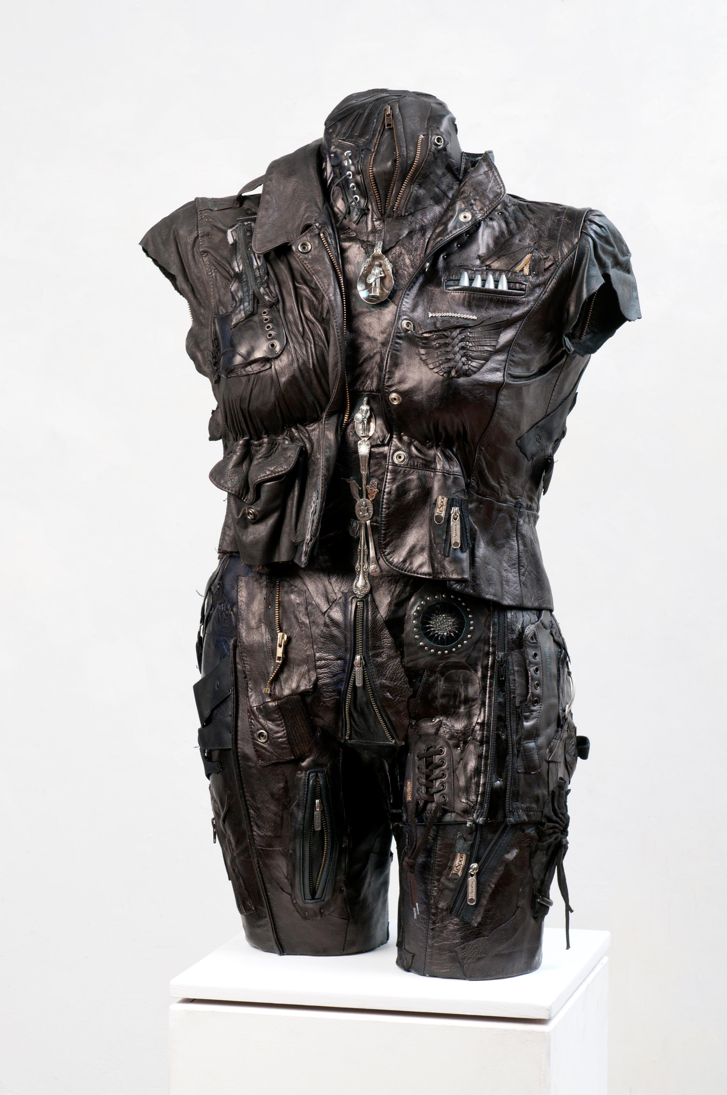 Linda Stein Figurative Sculpture - Feminist Contemporary Black/Silver Leather Metal Torso Sculpture - On Call 707