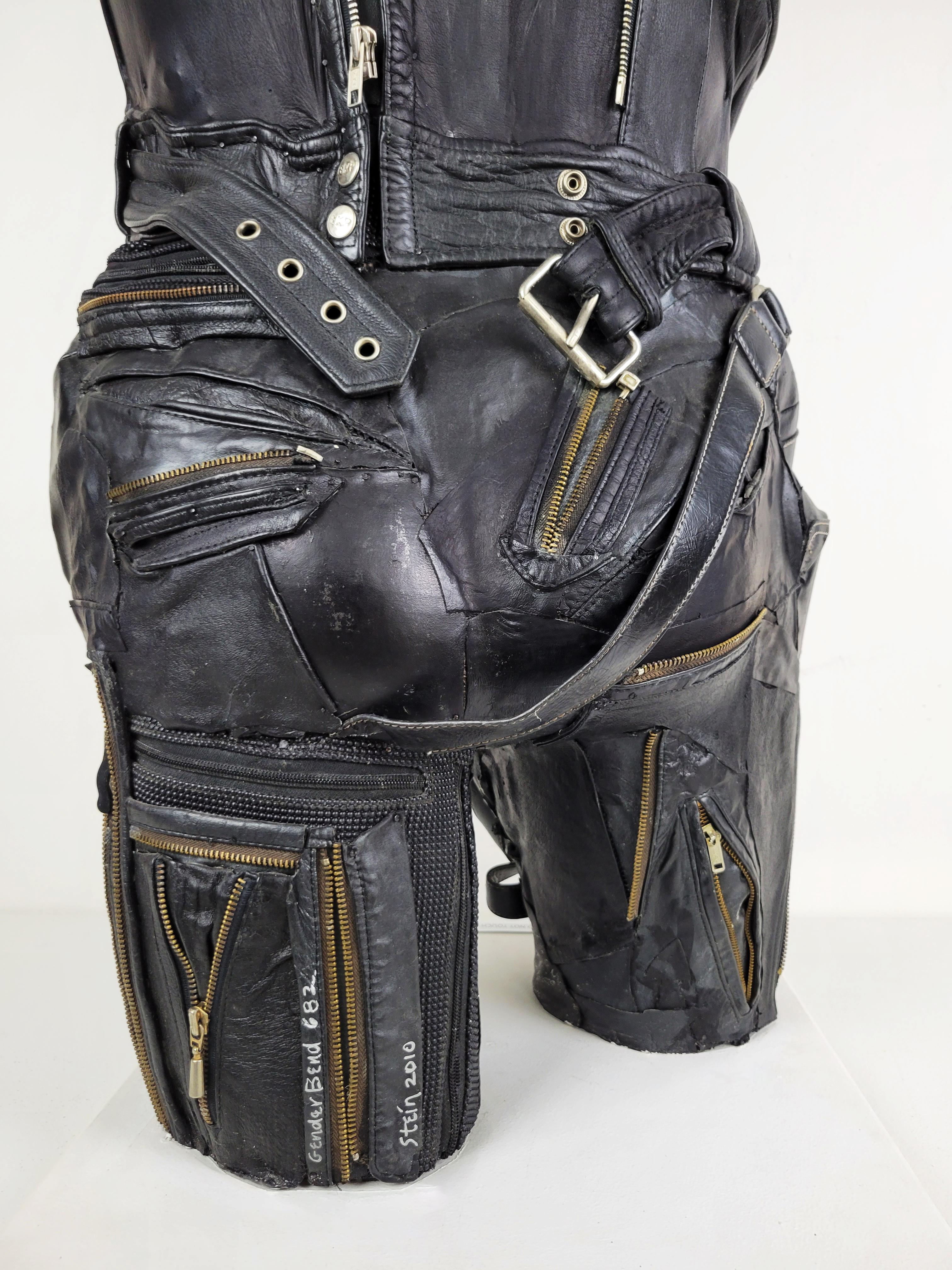Feminist Contemporary Black/Silver Leather Metal Torso Sculpture- GenderBend 682 For Sale 7