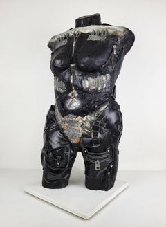 Feminist Contemporary Black/Silver Leather Metal Torso Sculpture- GenderBend 682