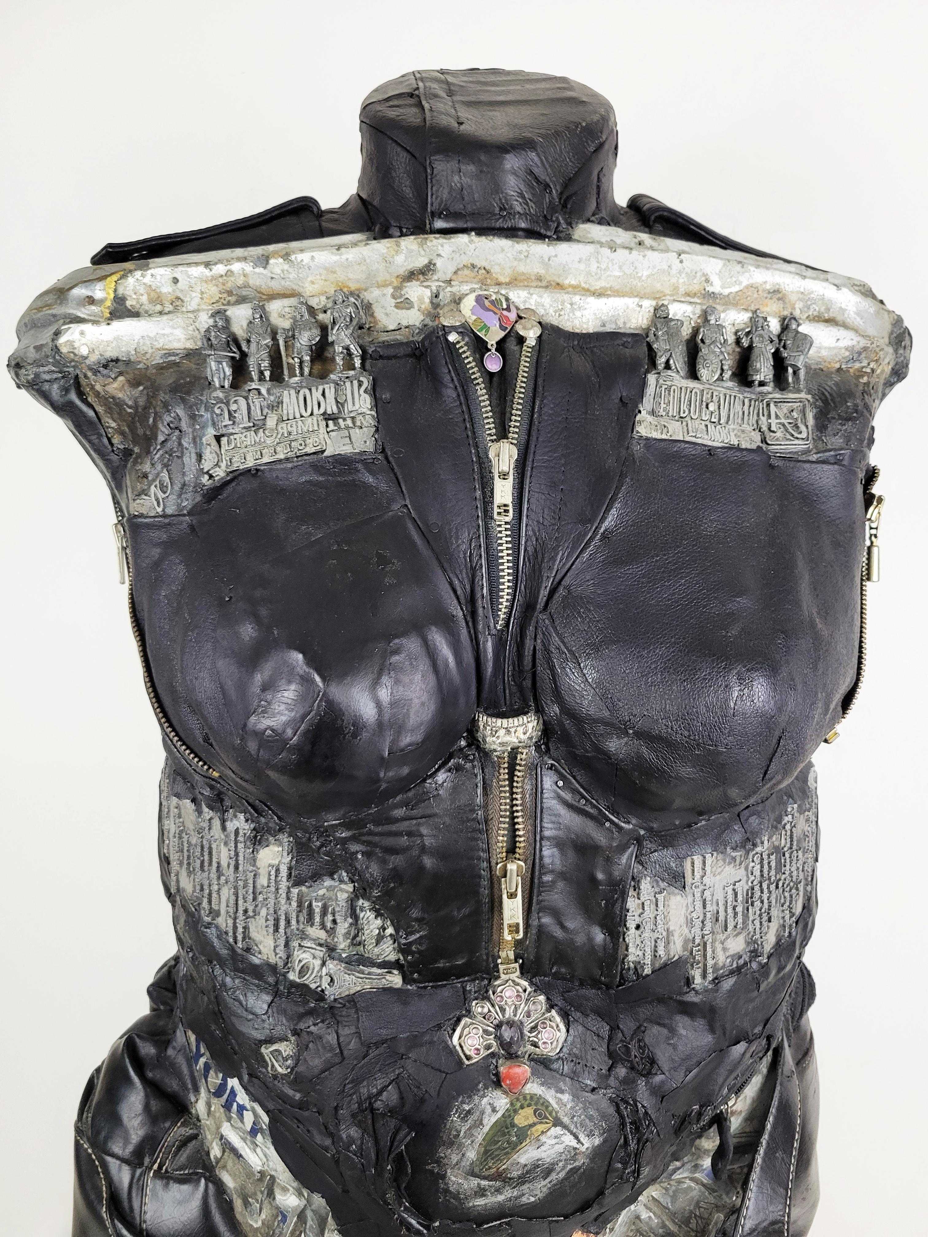 Feminist Contemporary Black/Silver Leather Metal Torso Sculpture- GenderBend 682 For Sale 1