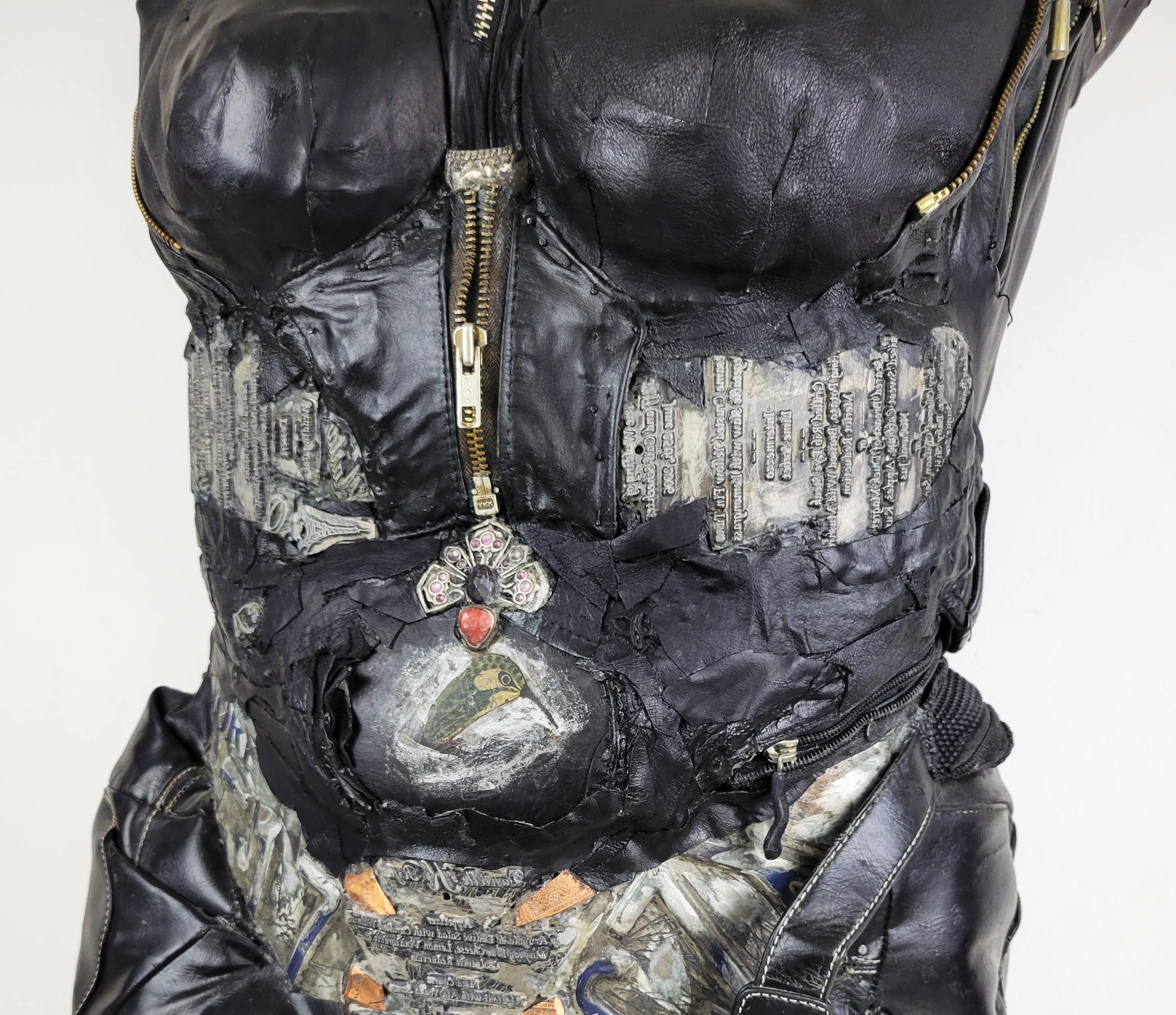 Feminist Contemporary Black/Silver Leather Metal Torso Sculpture- GenderBend 682 For Sale 4