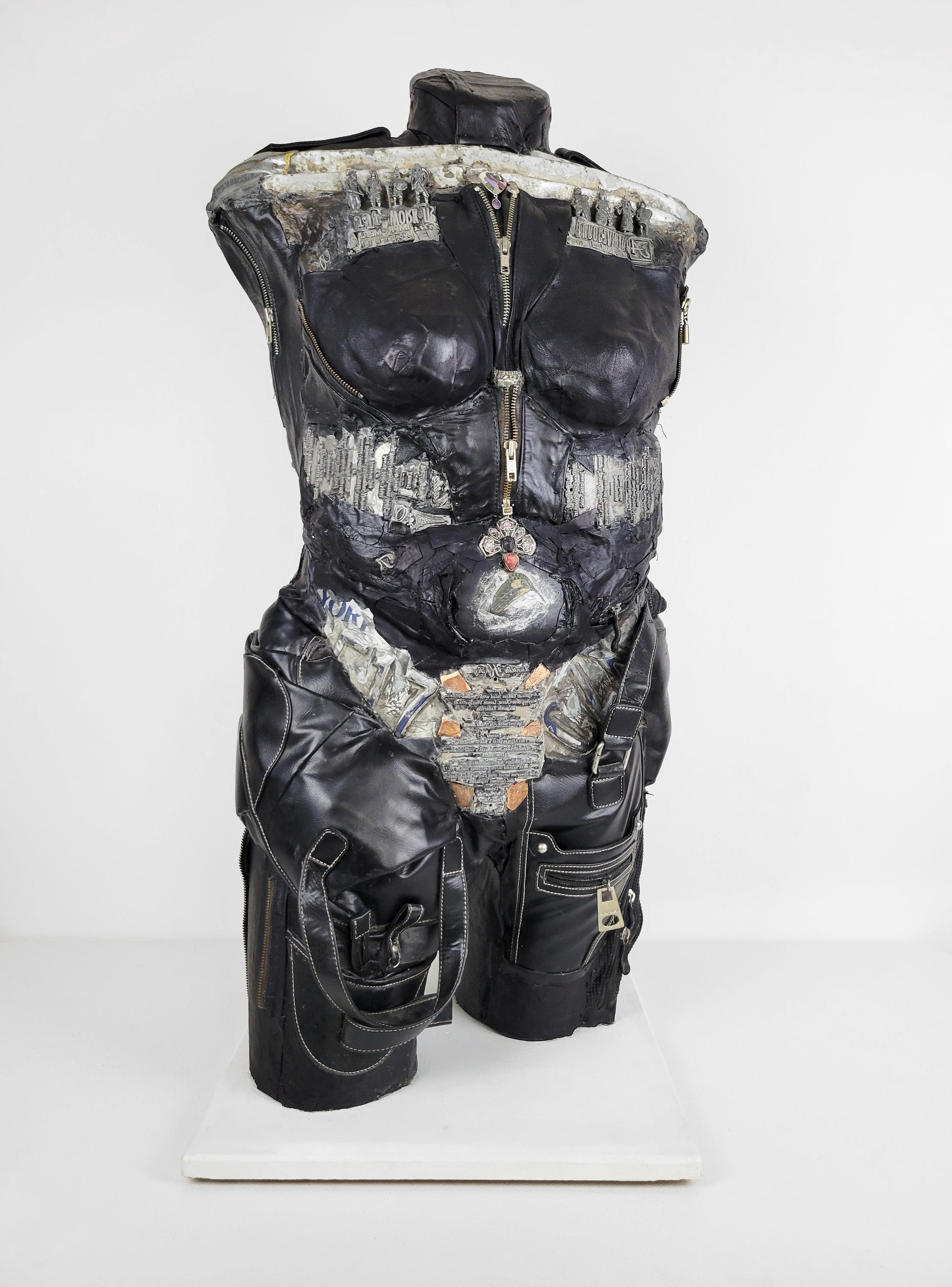 Feminist Contemporary Black/Silver Leather Metal Torso Sculpture- GenderBend 682