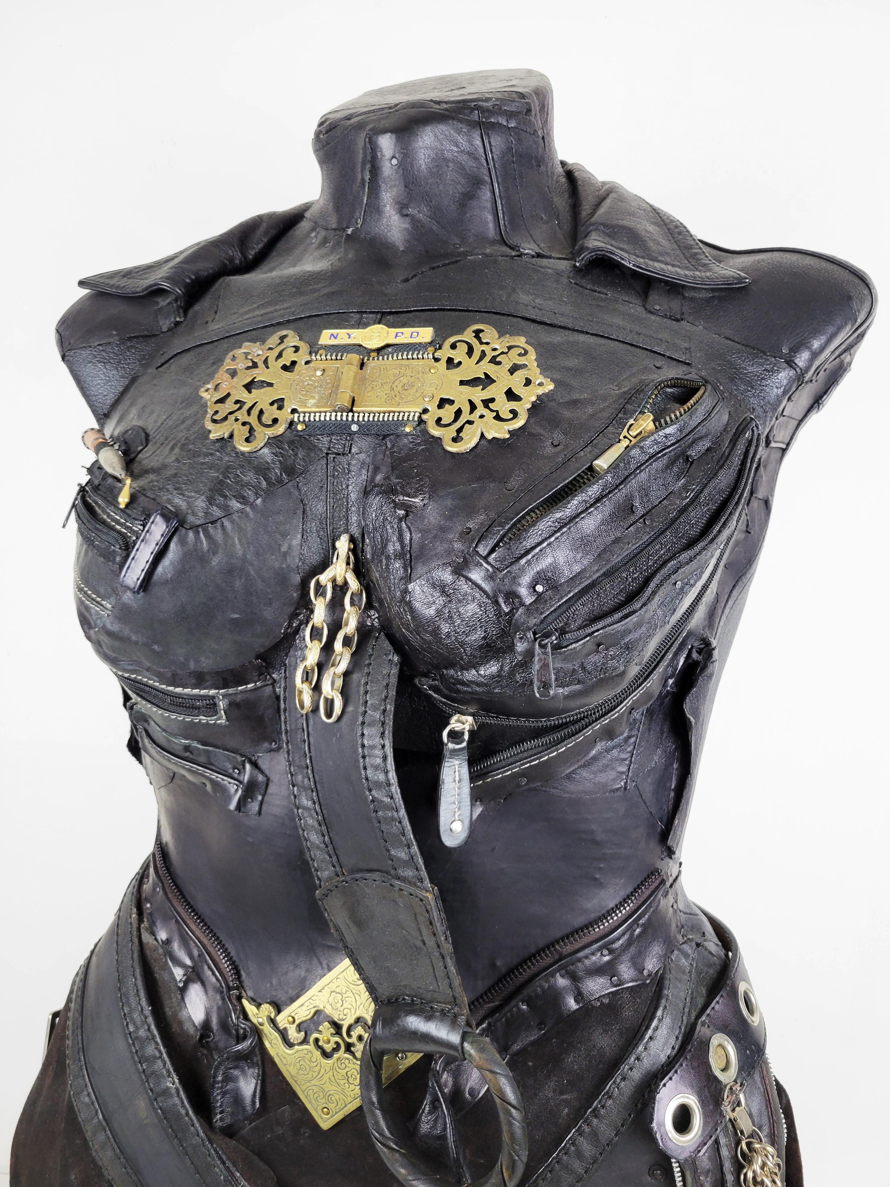 Feminist Contemporary Black/Silver Leather Metal Torso Sculpture - MascuFem 681  For Sale 1