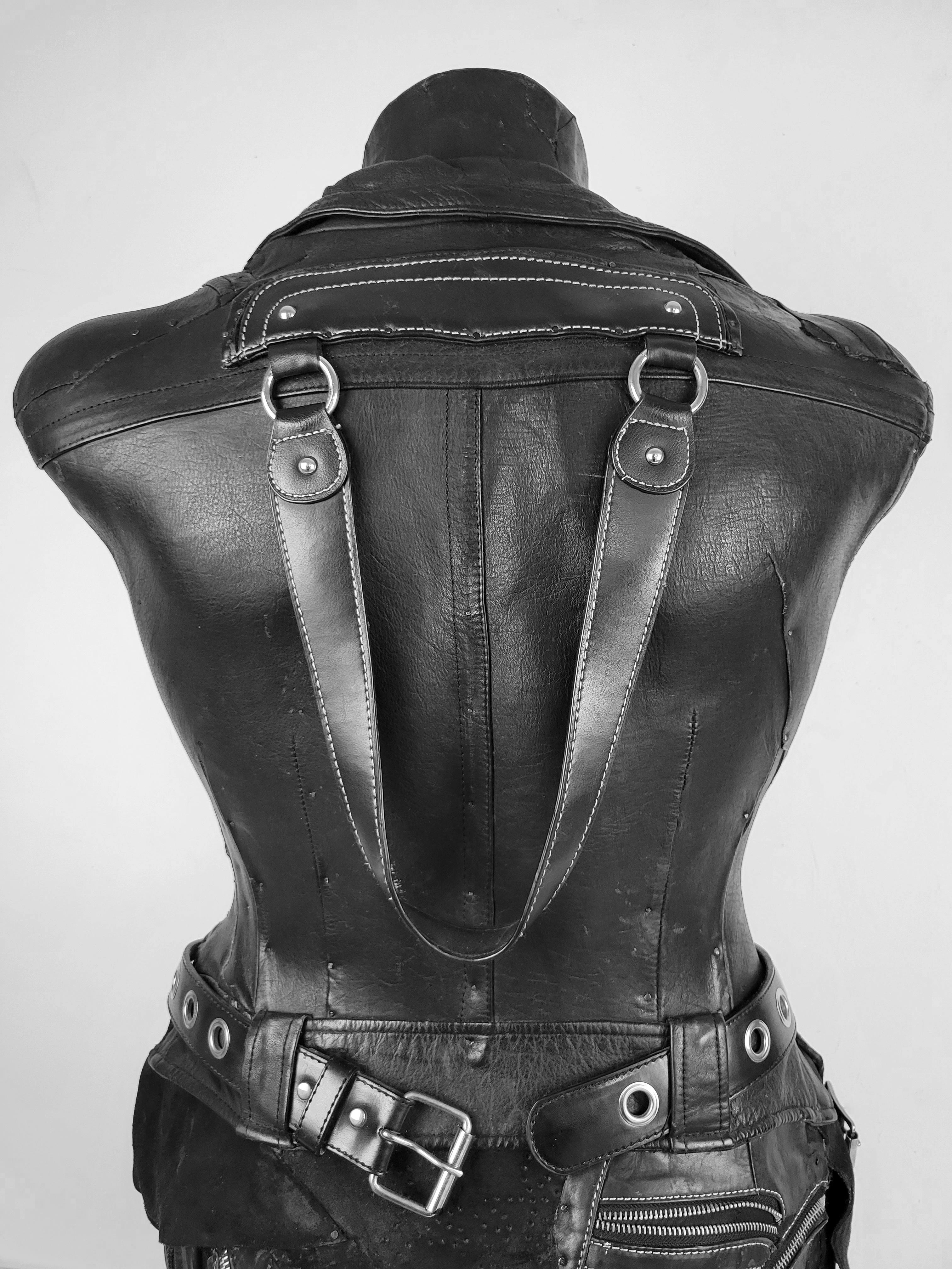 Feminist Contemporary Black/Silver Leather Metal Torso Sculpture - MascuFem 681  For Sale 4