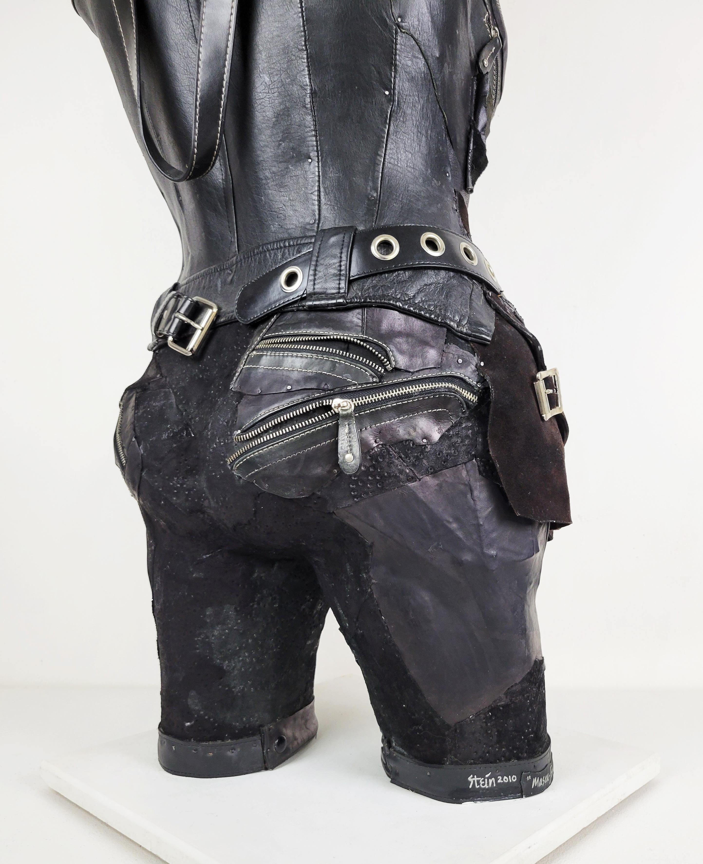Feminist Contemporary Black/Silver Leather Metal Torso Sculpture - MascuFem 681  For Sale 5