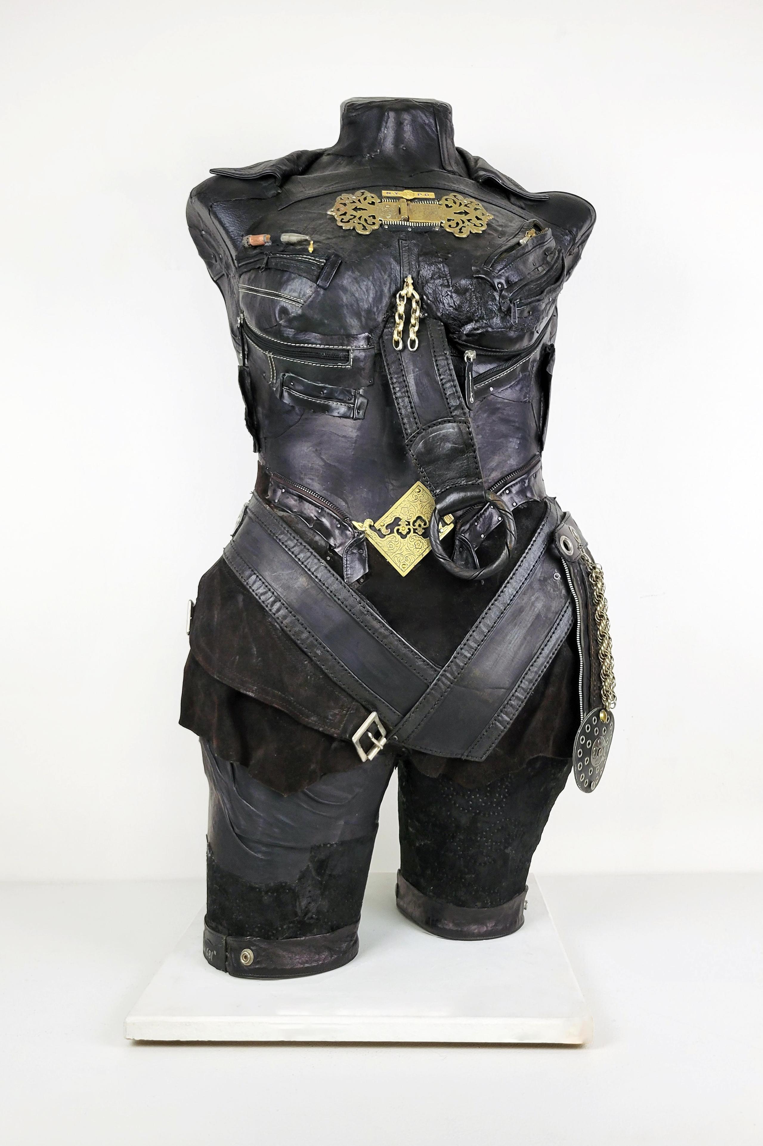 Linda Stein Figurative Sculpture - Feminist Contemporary Black/Silver Leather Metal Torso Sculpture - MascuFem 681 