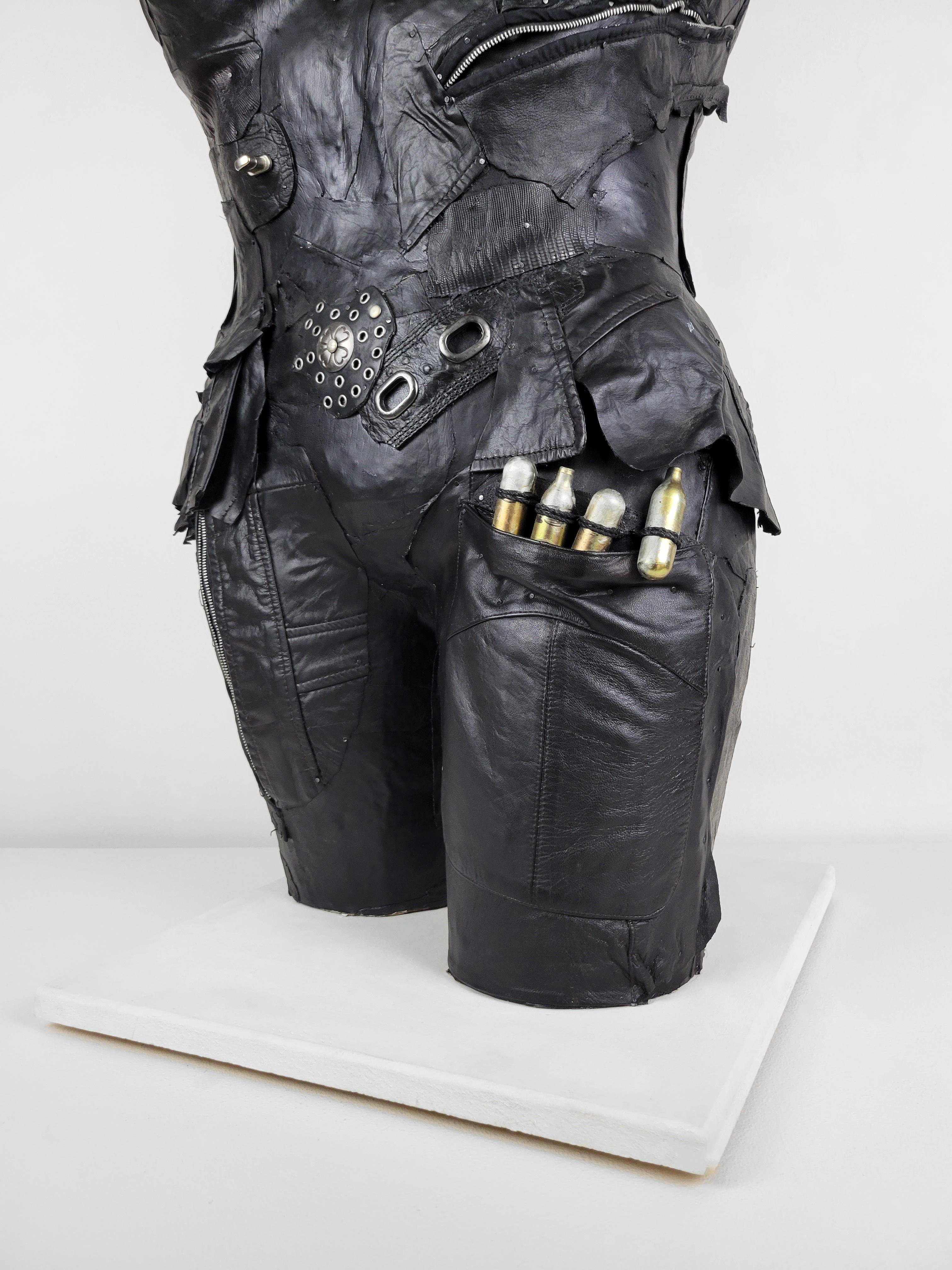 Feminist Contemporary Black/Silver Leather Metal Torso Sculpture - In Charge 694 For Sale 8