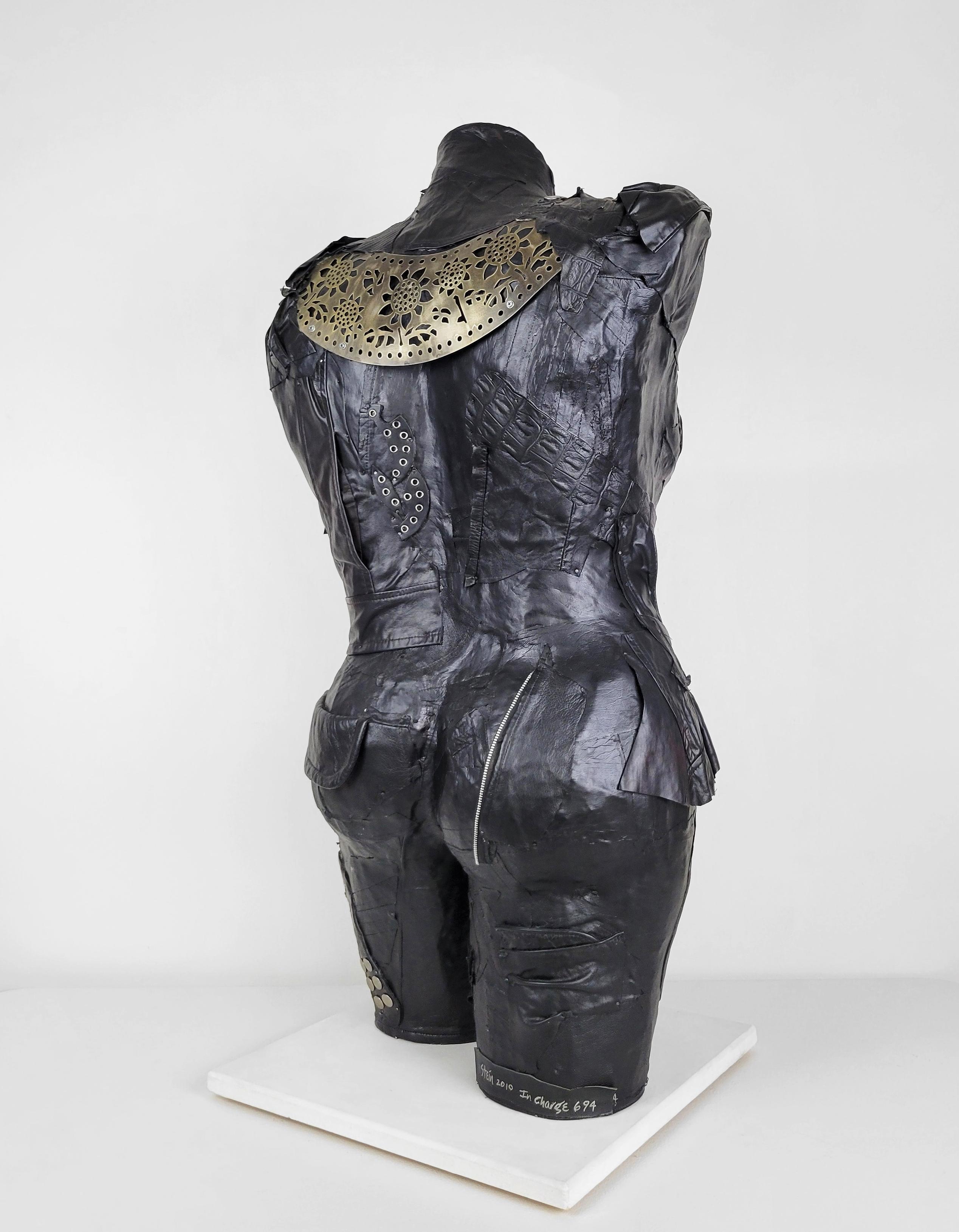 Feminist Contemporary Black/Silver Leather Metal Torso Sculpture - In Charge 694 For Sale 2