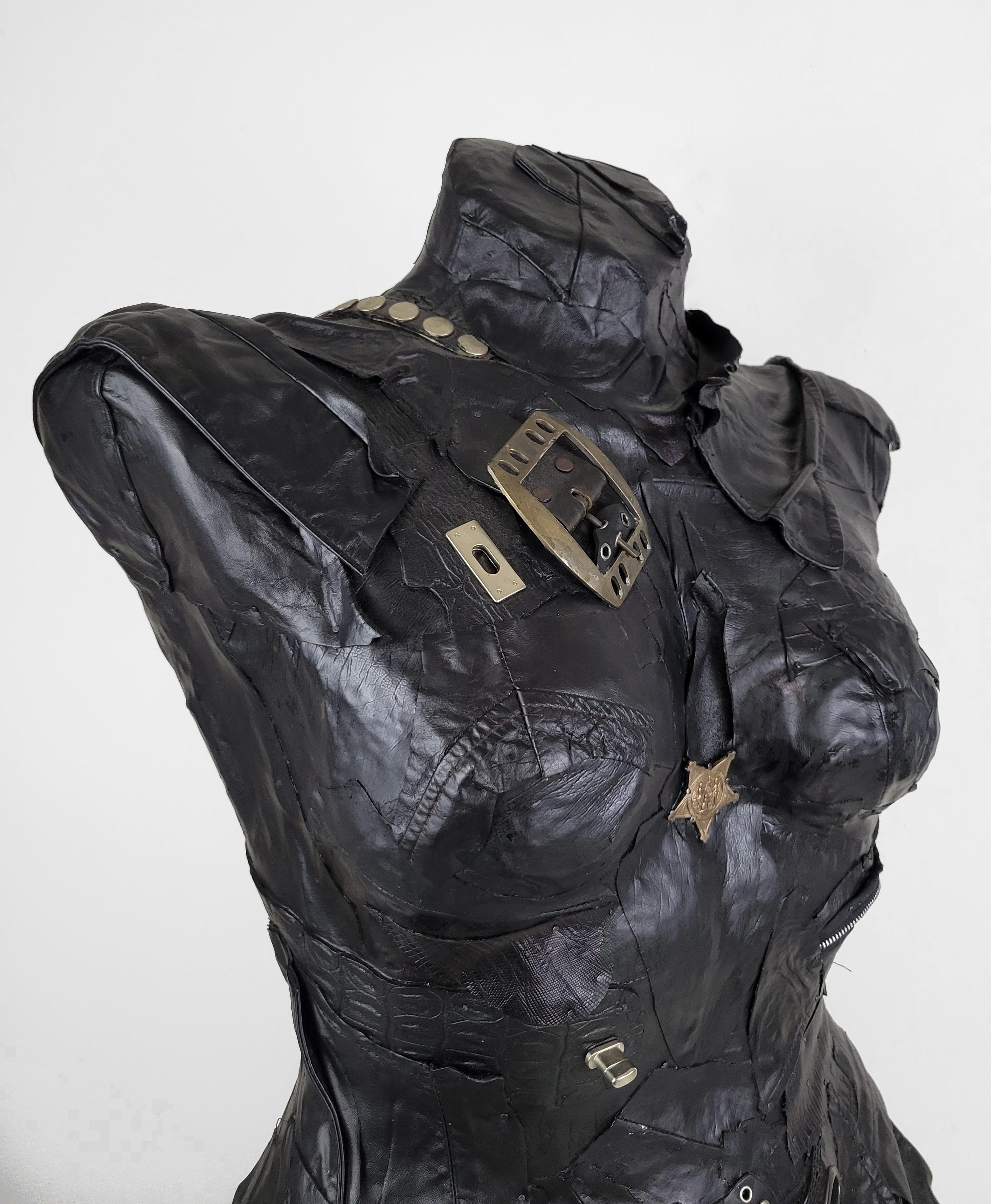 Feminist Contemporary Black/Silver Leather Metal Torso Sculpture - In Charge 694 For Sale 4