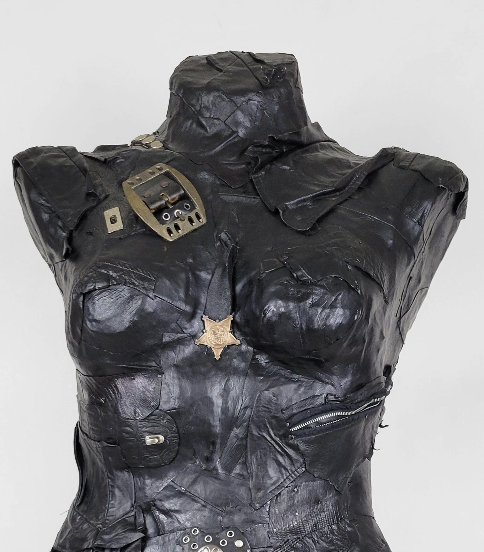 Feminist Contemporary Black/Silver Leather Metal Torso Sculpture - In Charge 694 For Sale 5