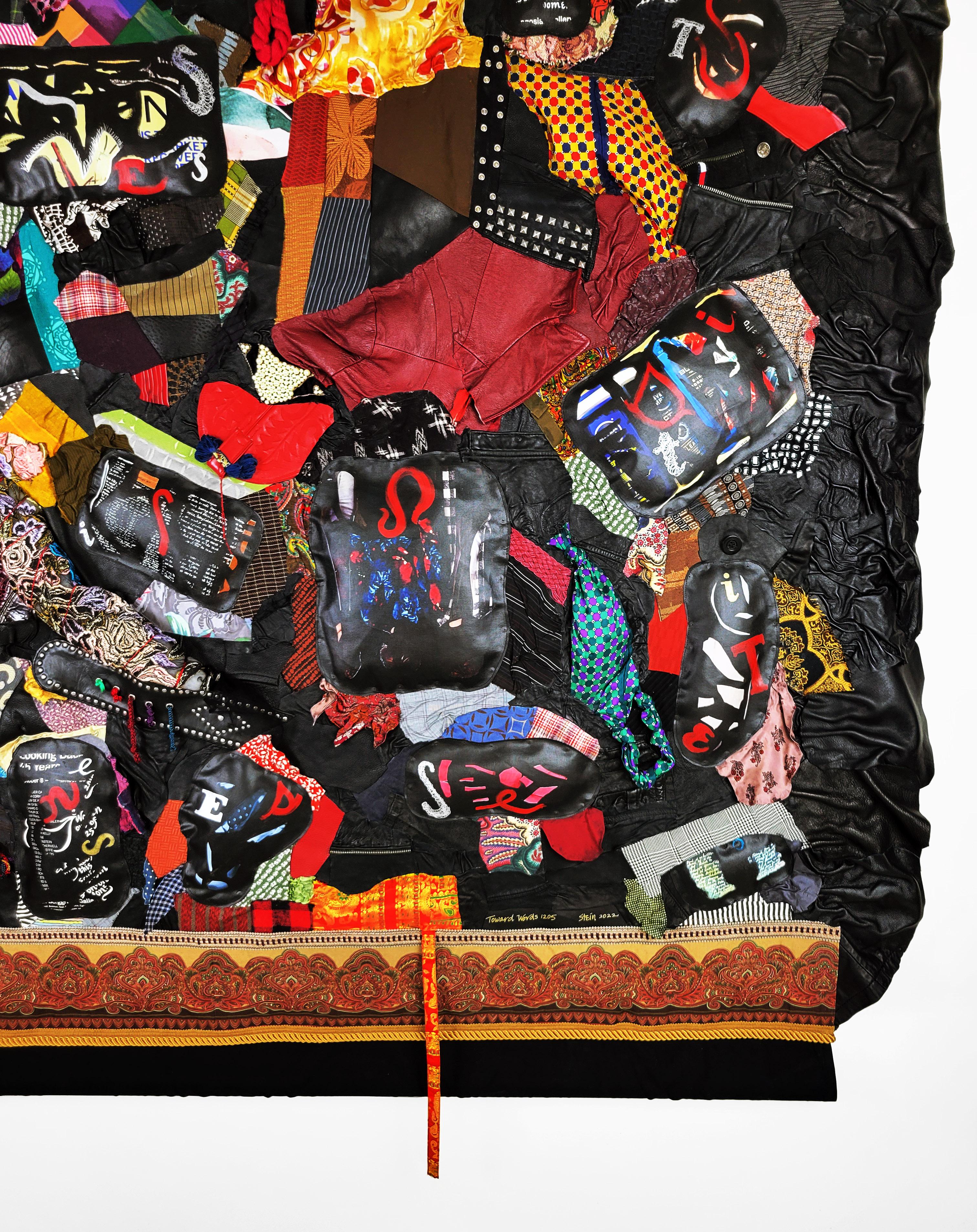 Linda Stein began to produce sculptural tapestries in 2013, in which she combines archival images of a subject with multiple fabrics and leather. Toward Words 1205 is one of Stein's abstract works, in which she repeats the same letters through the