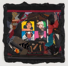 Feminist Mixed Media Fabric Black Sculptural Tapestry- Four Against Bullying 809