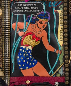 Feminist Mixed Media Fabric Black Sculptural Tapestry - Wonder Woman Escapes 892