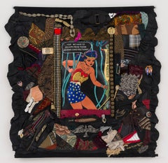 Feminist Mixed Media Fabric Black Sculptural Tapestry - Wonder Woman Escapes 892