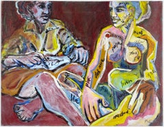 Acrilico su tela, colorato, figurativo, pittura di nudo Artista e modello 362.003