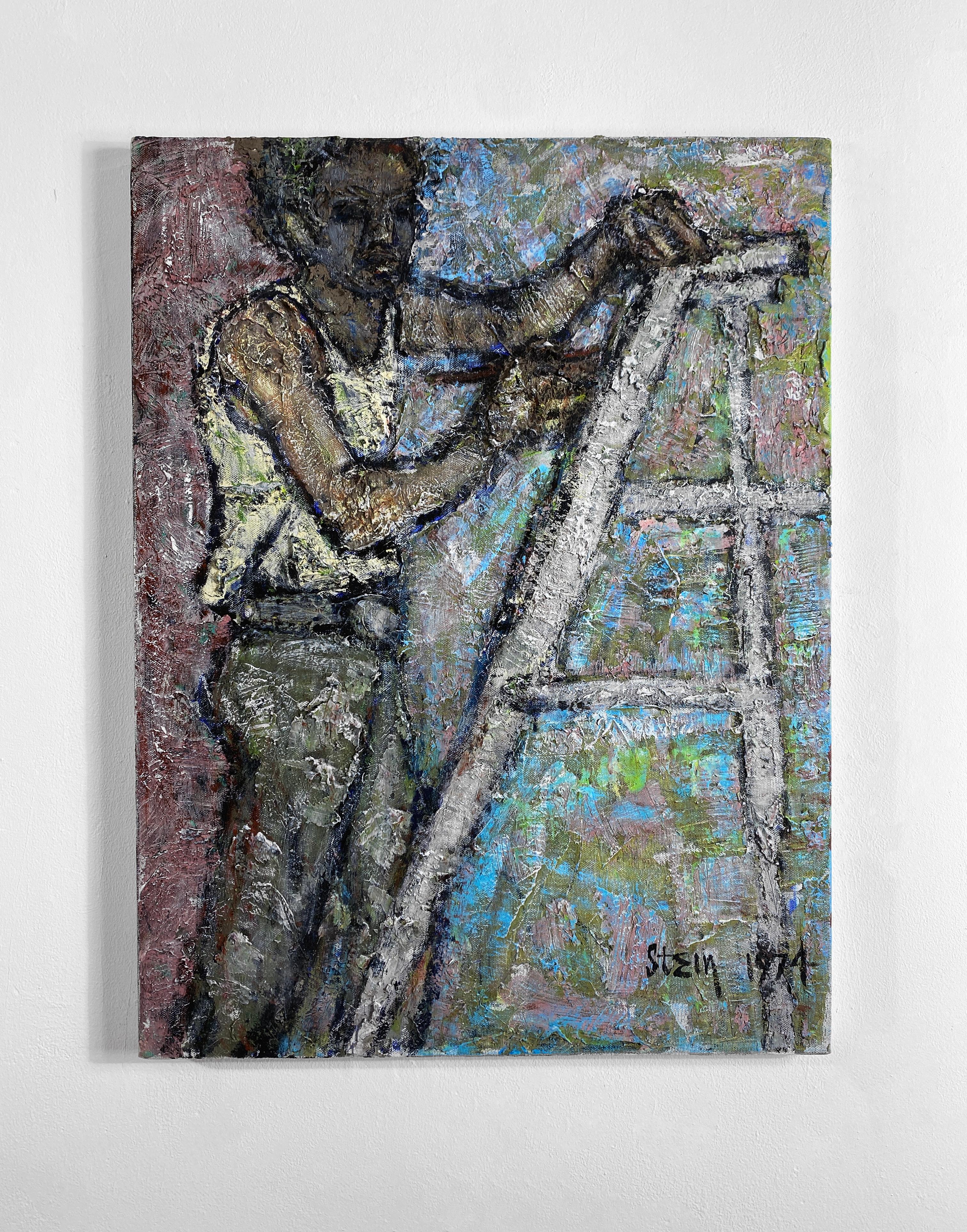 Signiert, Acryl auf Leinwand, farbenfrohes figuratives Gemälde des Künstlers und Modell 362,005 – Painting von Linda Stein