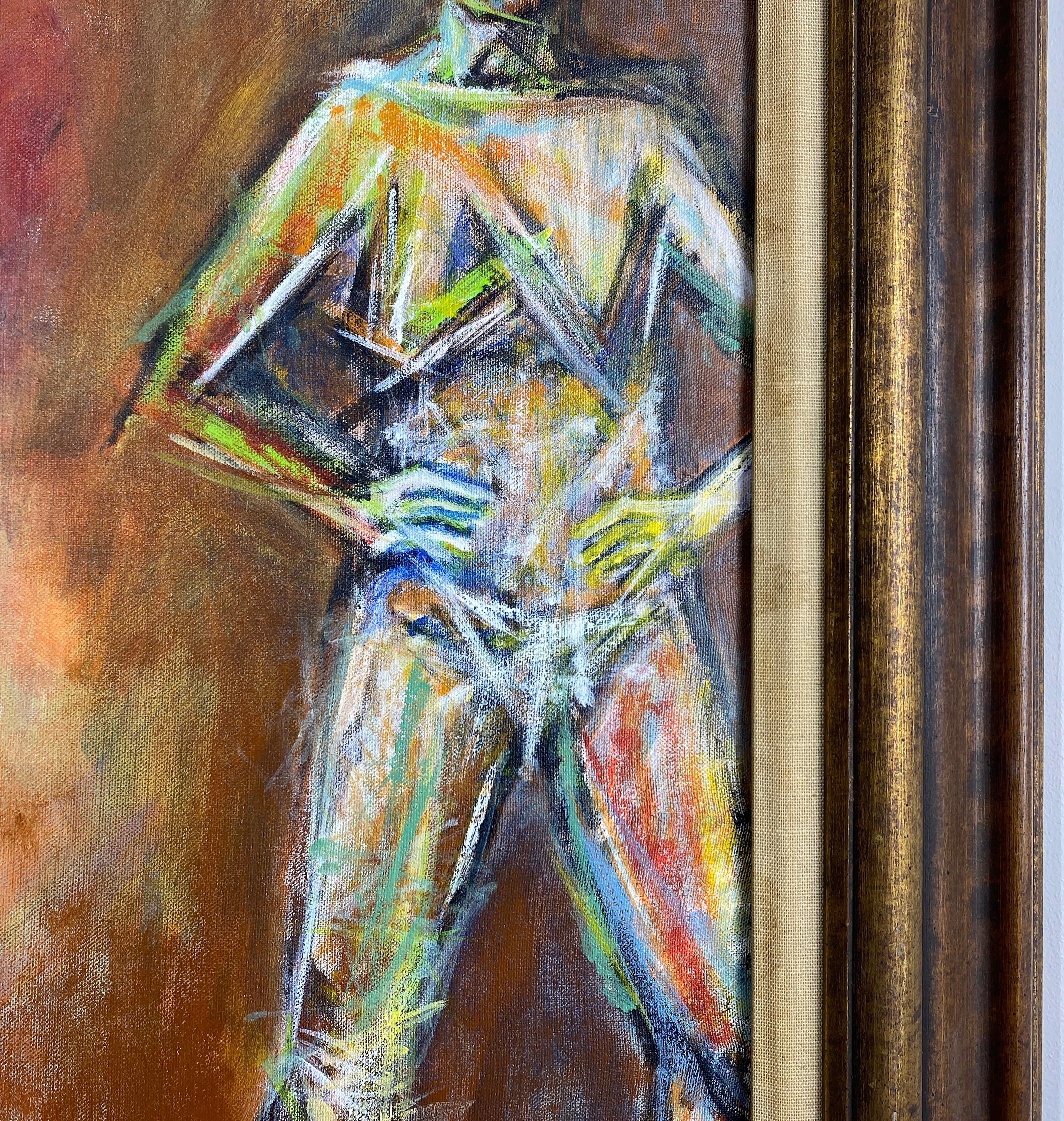 Signiert, Acryl auf Leinwand, farbenfrohes, nudefarbenes Gemälde - Künstler und Modell 362,007 (Beige), Nude Painting, von Linda Stein