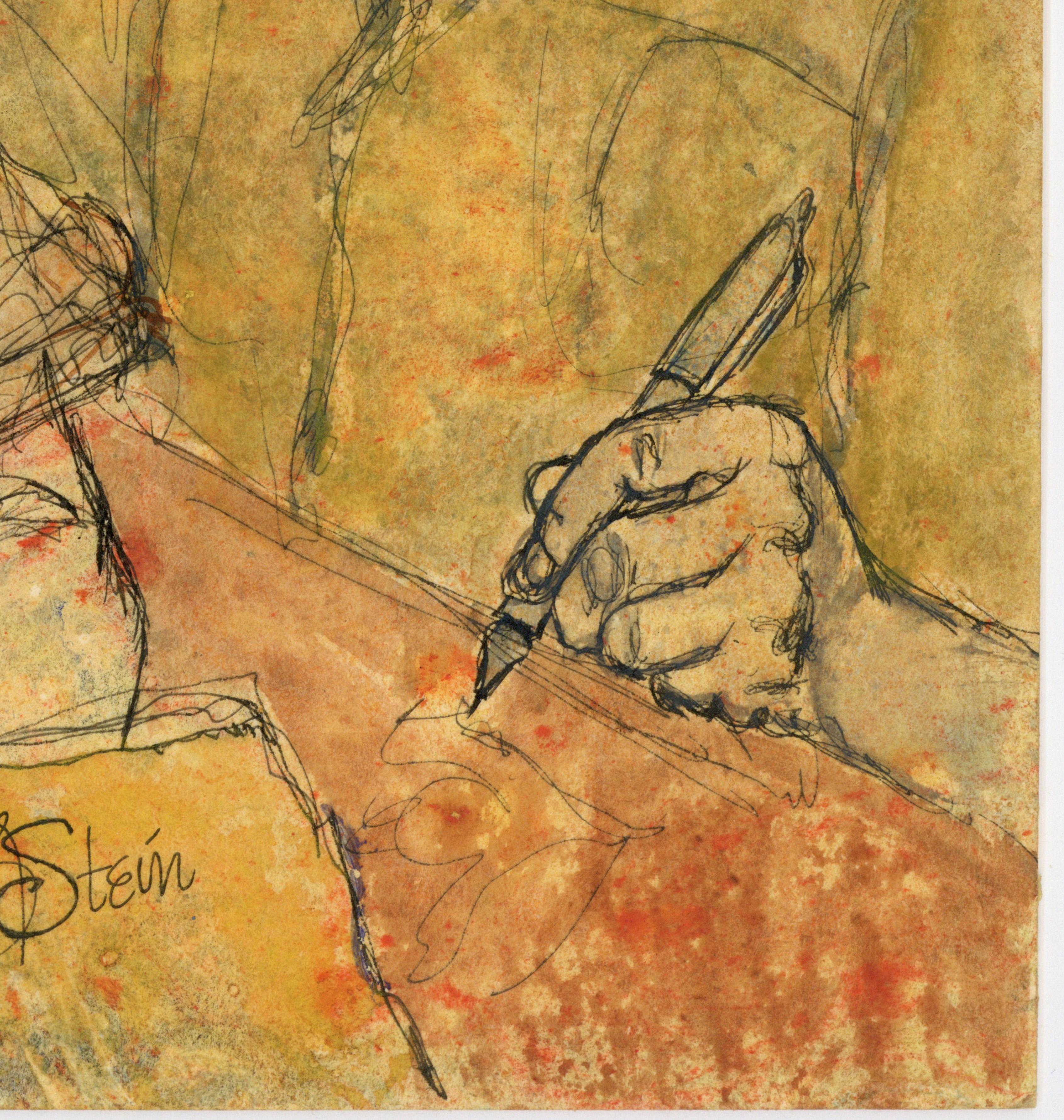 Signed, Acrylic on Paper, Colorful Figurative Painting- Artist and Model 362.008 For Sale 4