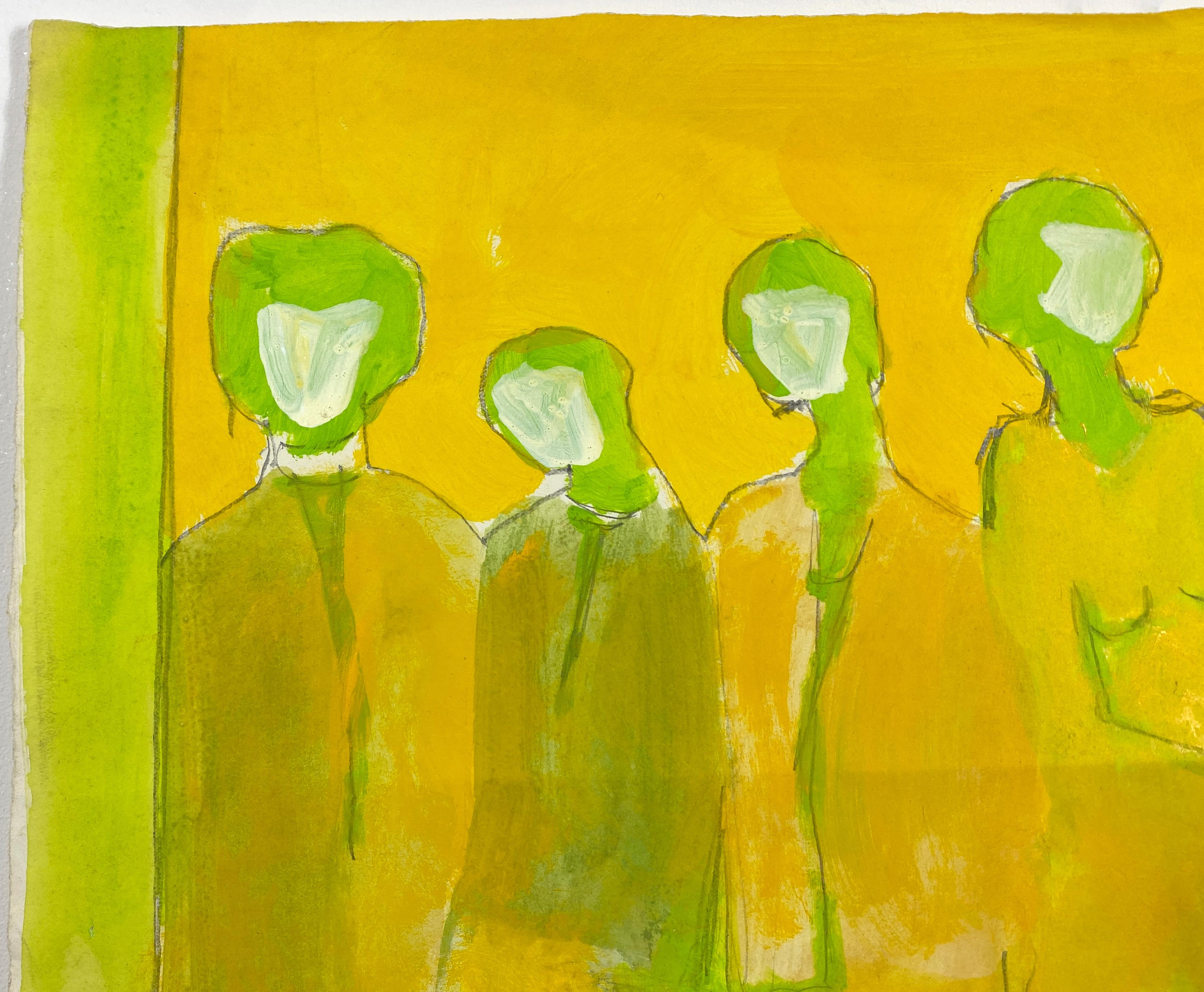 Signed, Colorful, Watercolor and Ink on Paper. Painting - Figurations 359.003 - Yellow Figurative Painting by Linda Stein