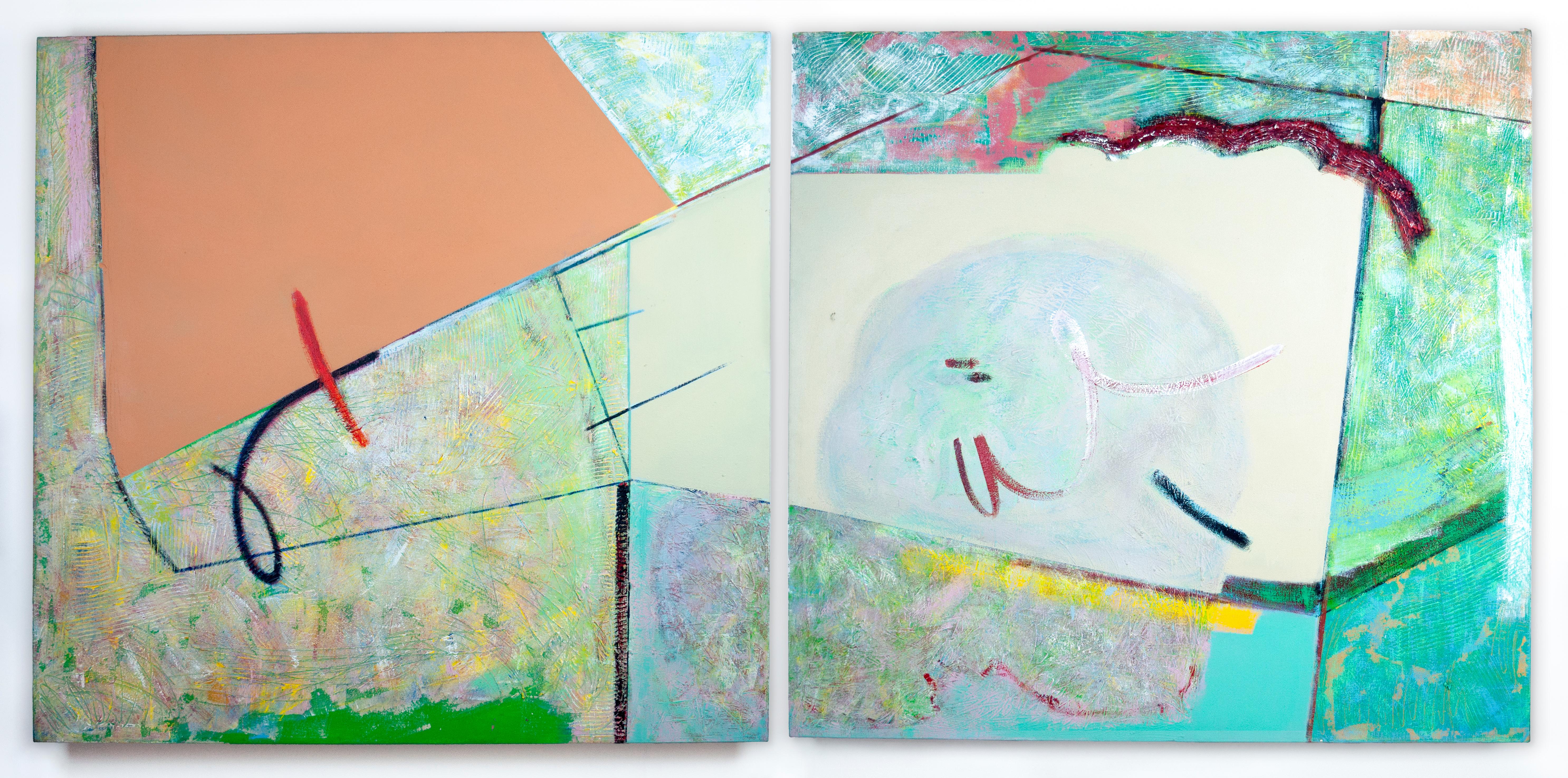 Peinture colorée à l'acrylique sur toile signée - Planar Rhythms Diptych 14 - Mixed Media Art de Linda Stein
