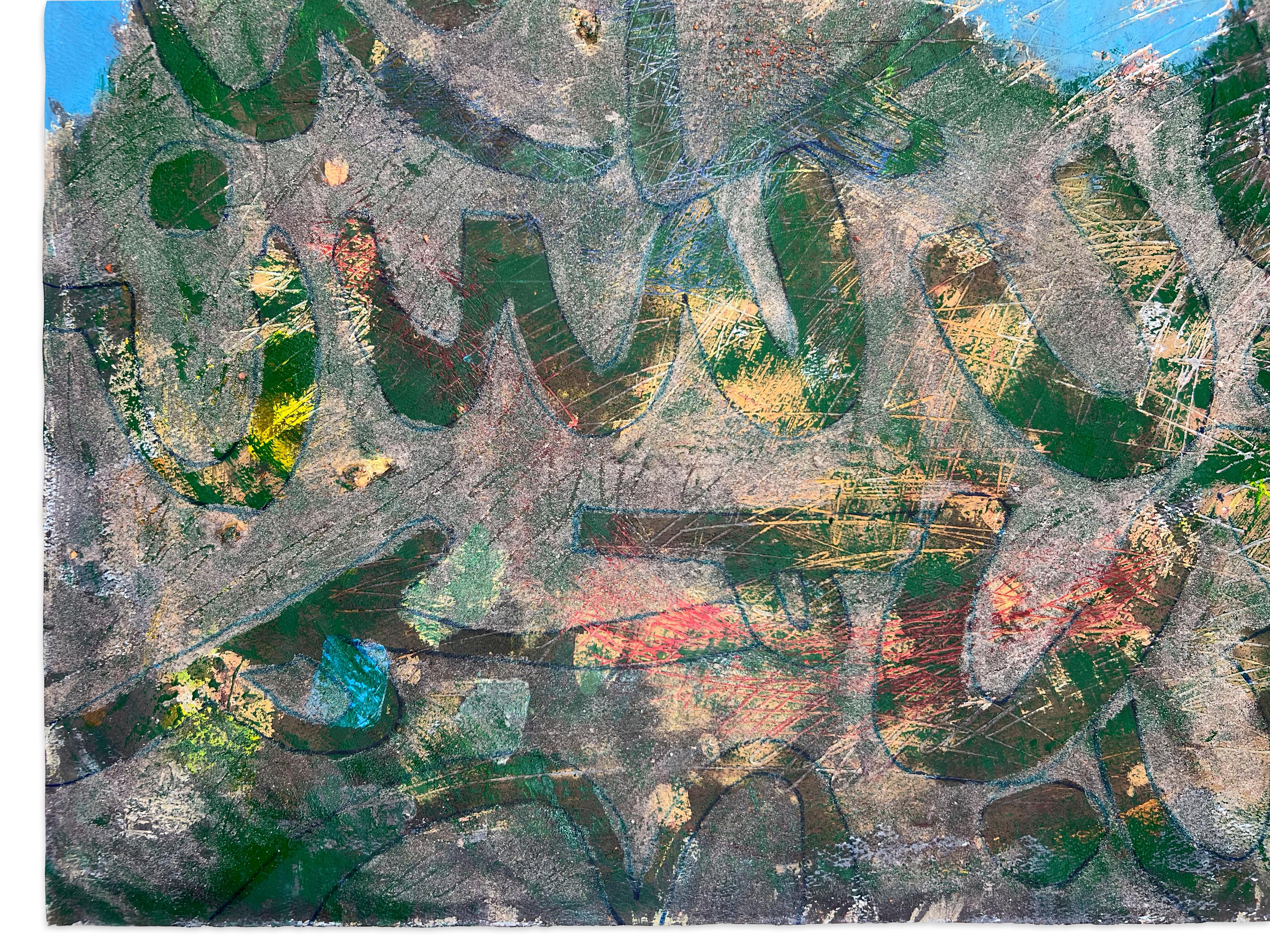 Linda Stein, Inner Route 123 - Signiert Feminist LGBTQ+ Buntes Acryl auf Karton Gemälde 

Inner Route 123 stammt aus Linda Steins Serie Missives - ein Werk, das aus ihren früheren Erkundungen von handgeschriebenen Briefen, Kalligraphie und dem