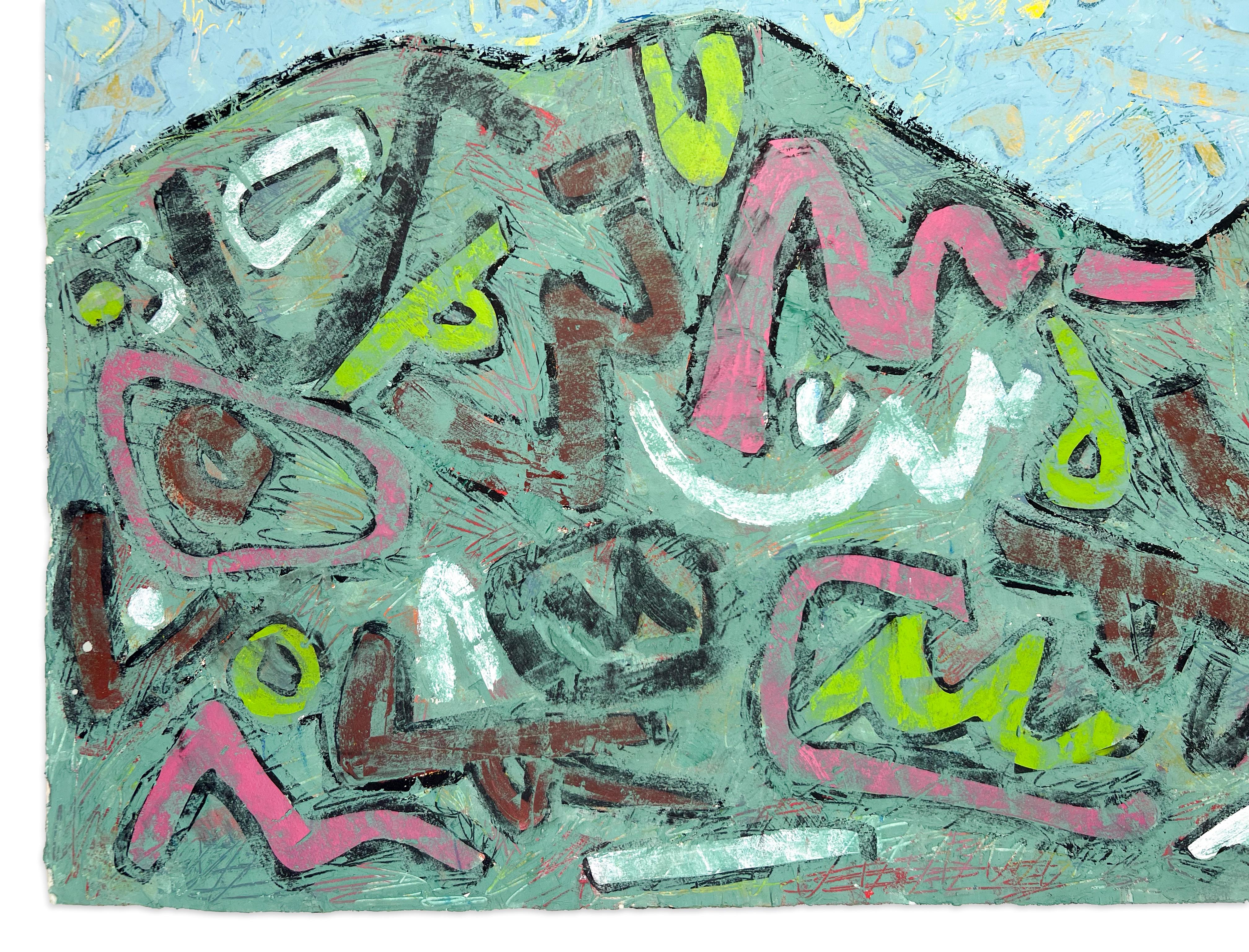 Linda Stein, Interessierte Partei 124 - Signierte Feministische LGBTQ+ Bunte Acryl auf Tafel Malerei 

Interested Party 124 stammt aus Linda Steins Missives-Serie, einer Werkgruppe, die aus ihren früheren Erkundungen von handgeschriebenen Briefen,