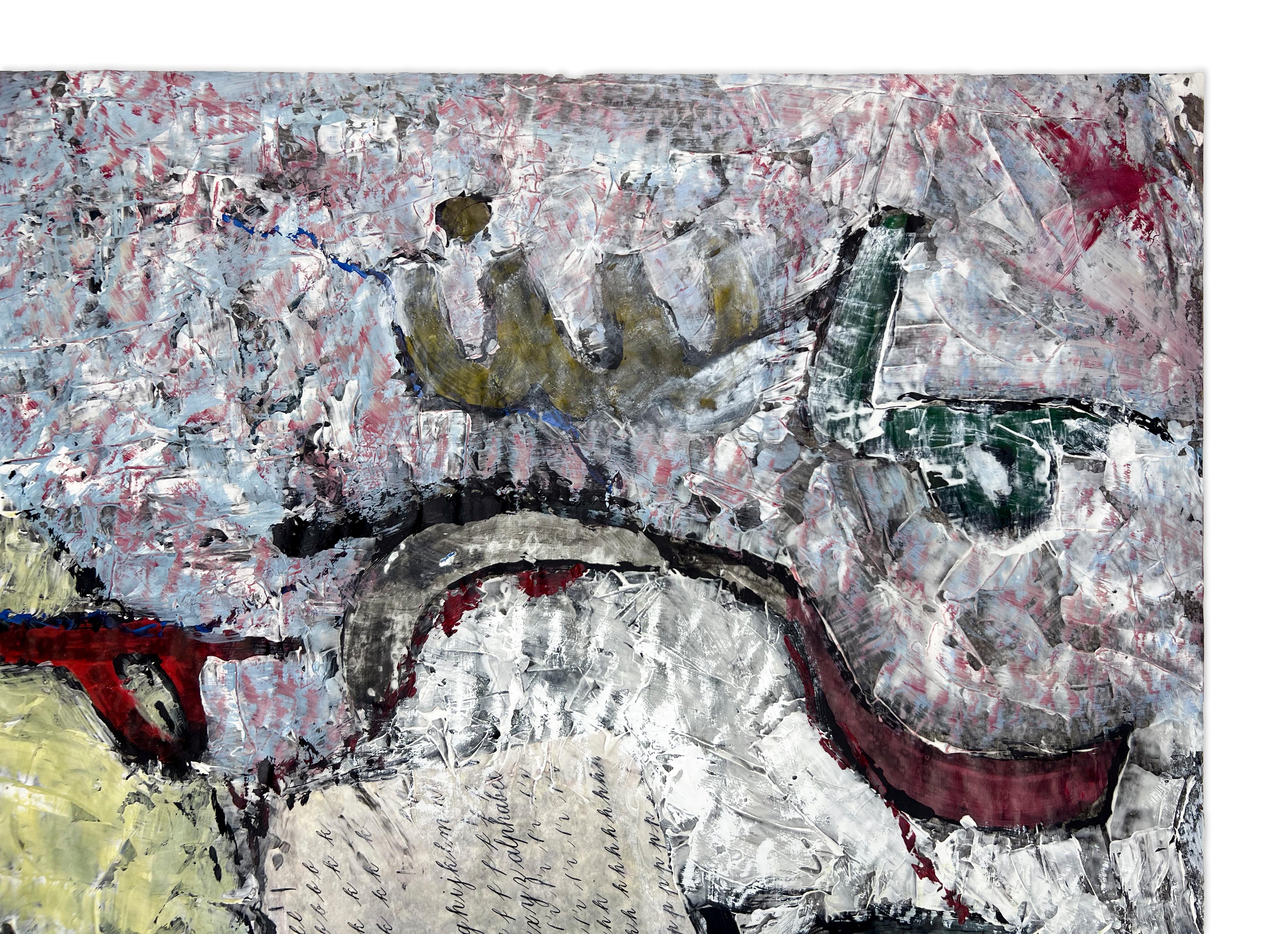 Linda Stein, Voyage Beyond 122 - Signierte Feministische LGBTQ+ Bunte Acryl auf Tafel Malerei 

Voyage Beyond 122 stammt aus Linda Steins Missives-Serie - ein Werk, das aus ihren früheren Erkundungen von handgeschriebenen Briefen, Kalligraphie und