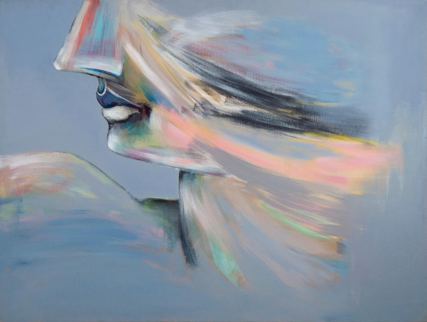 Signed Feminist LGBTQ+ Acrylic on Canvas Painting - Profile Landscape 438.075 - Gray Portrait Painting by Linda Stein