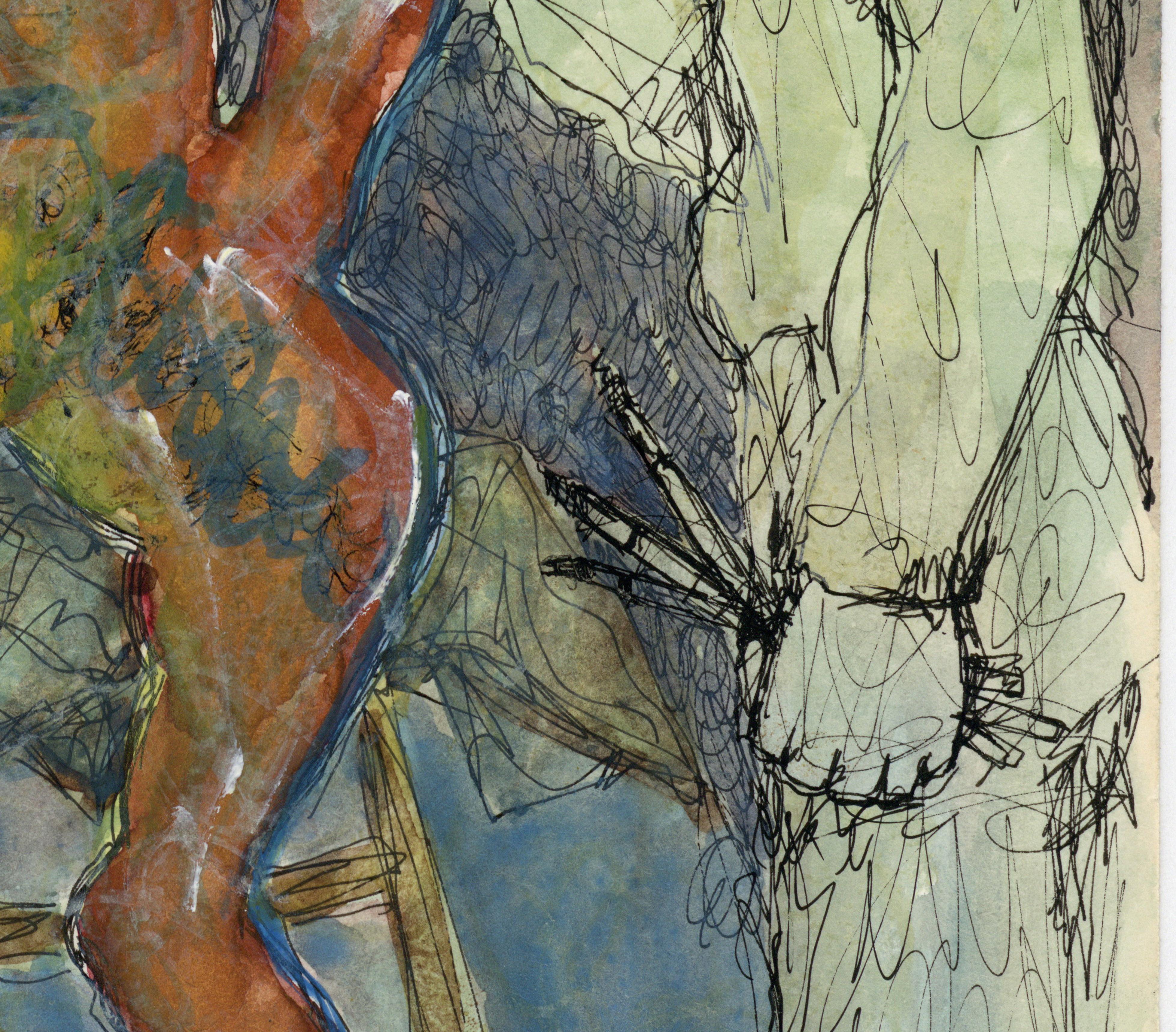 Signed, Watercolor on Paper, Colorful Nude Painting - Artist and Model 362.018 For Sale 3