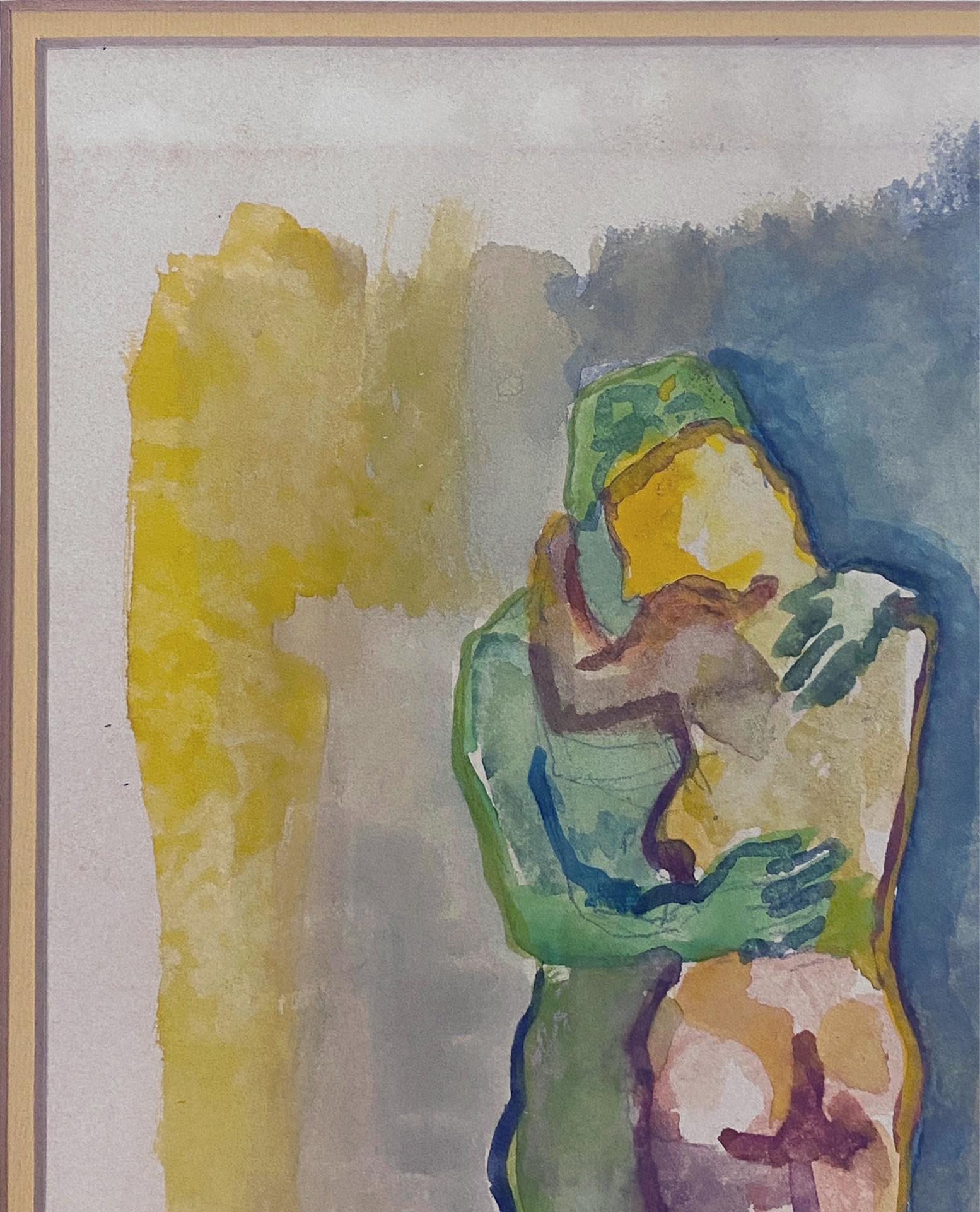 Signed, Watercolor on Paper. Framed Painting - Figurations 359.007 - Brown Nude Painting by Linda Stein