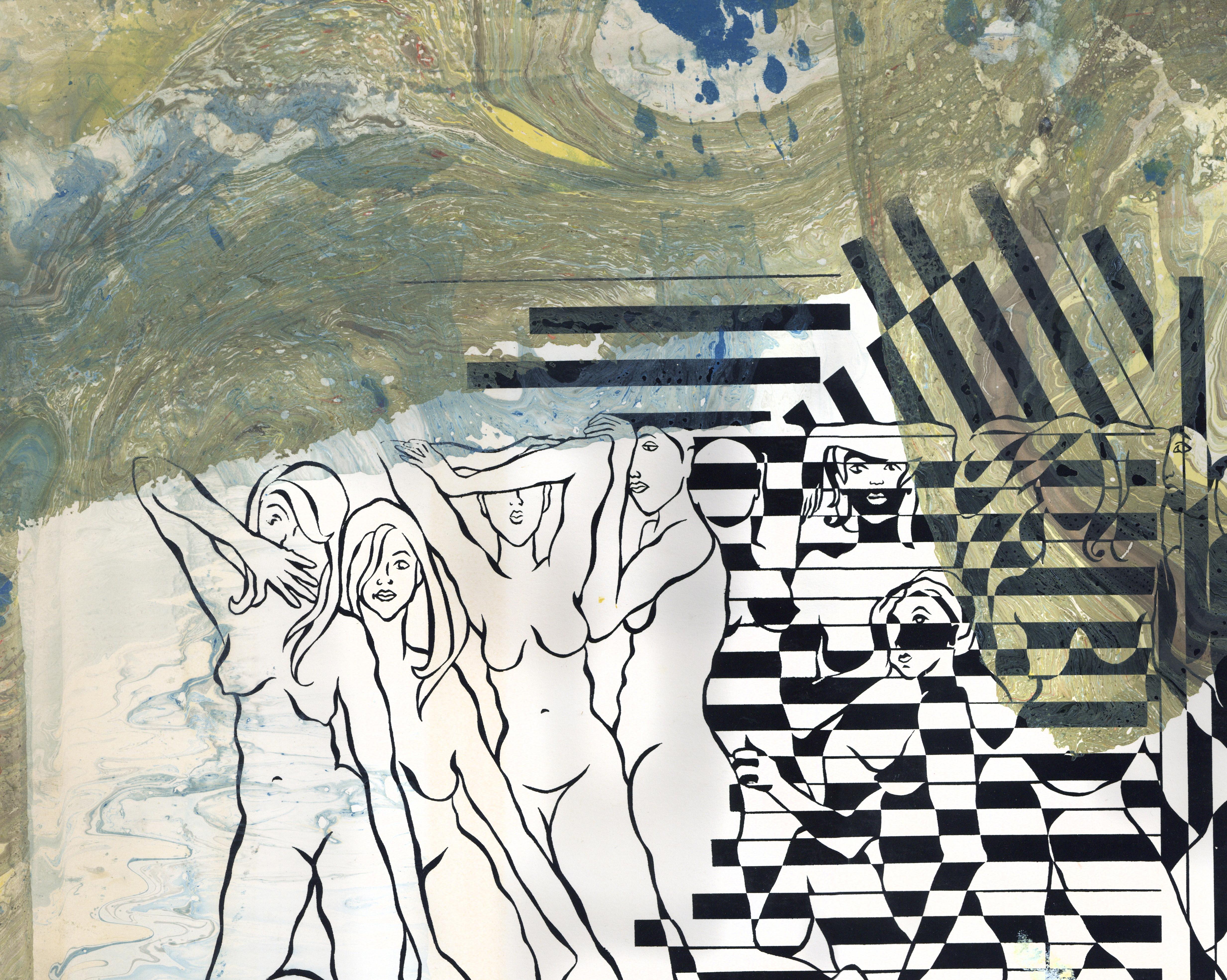 Contemporary Fine Art Screen Print Blue Green Marbleized - Twelve Nudes 360.056 - Gray Figurative Print by Linda Stein