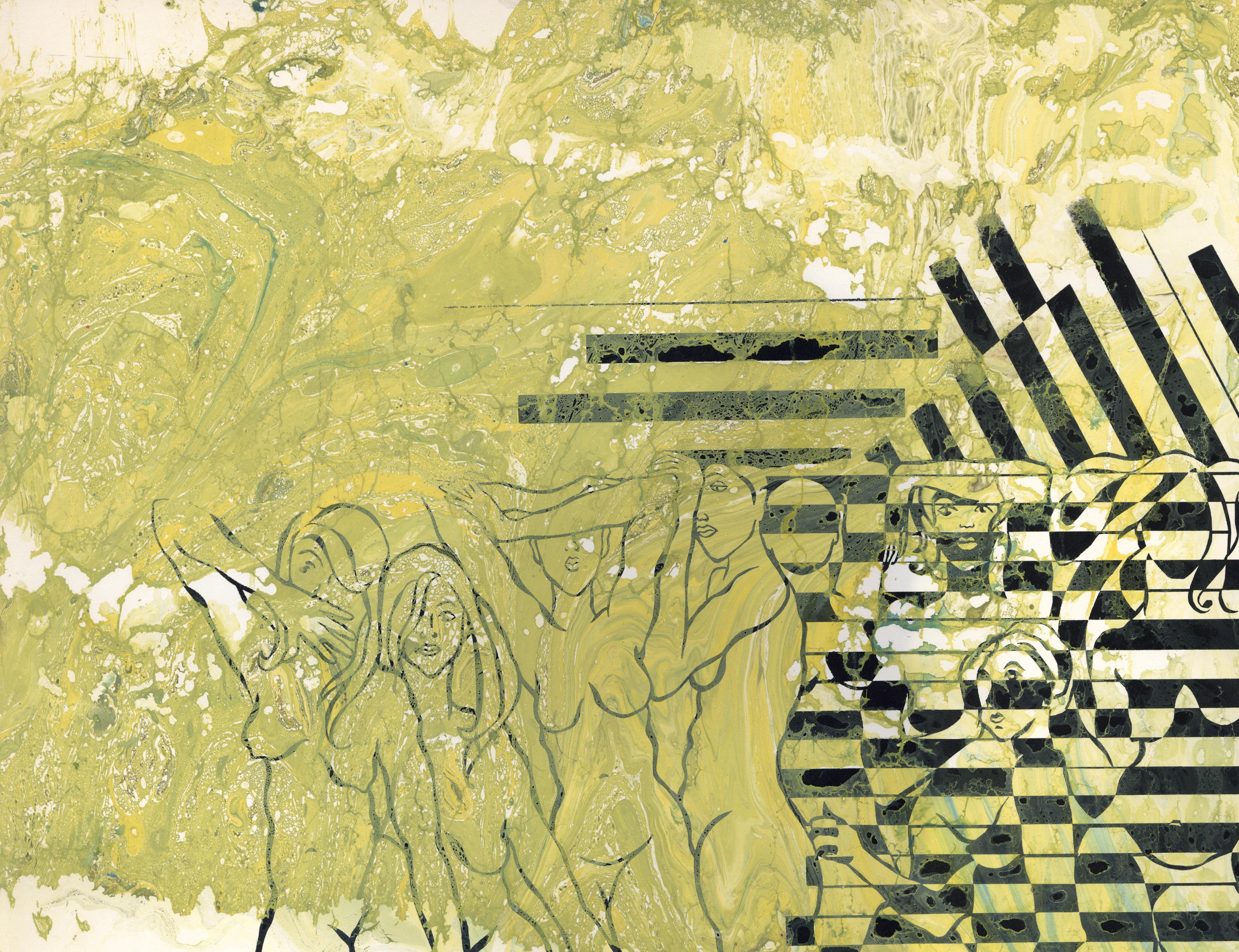 Contemporary Fine Art Screen Print Yellow Green Marbleize - Twelve Nudes 360.056 - Beige Figurative Print by Linda Stein