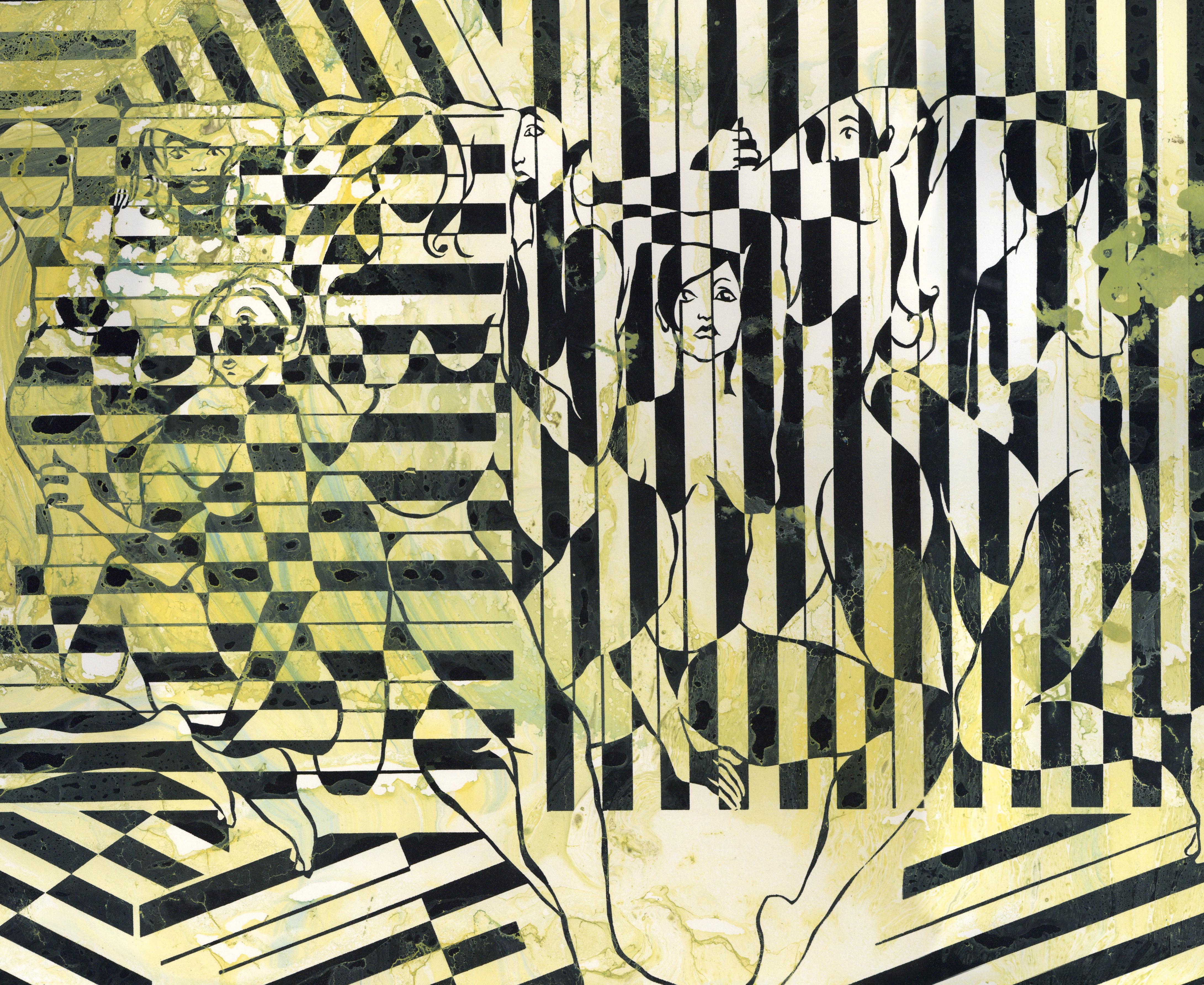 Contemporary Fine Art Screen Print Yellow Green Marbleize - Twelve Nudes 360.056 For Sale 3