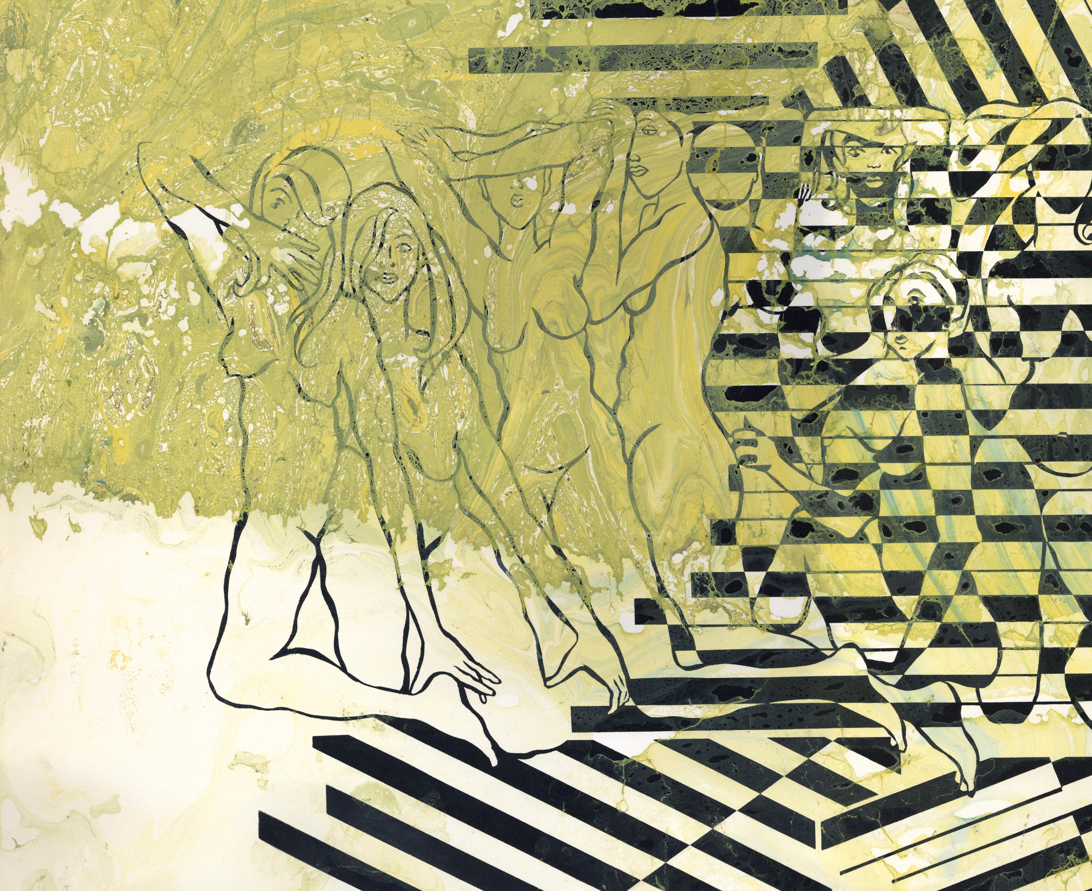 Contemporary Fine Art Screen Print Yellow Green Marbleize - Twelve Nudes 360.056 For Sale 4