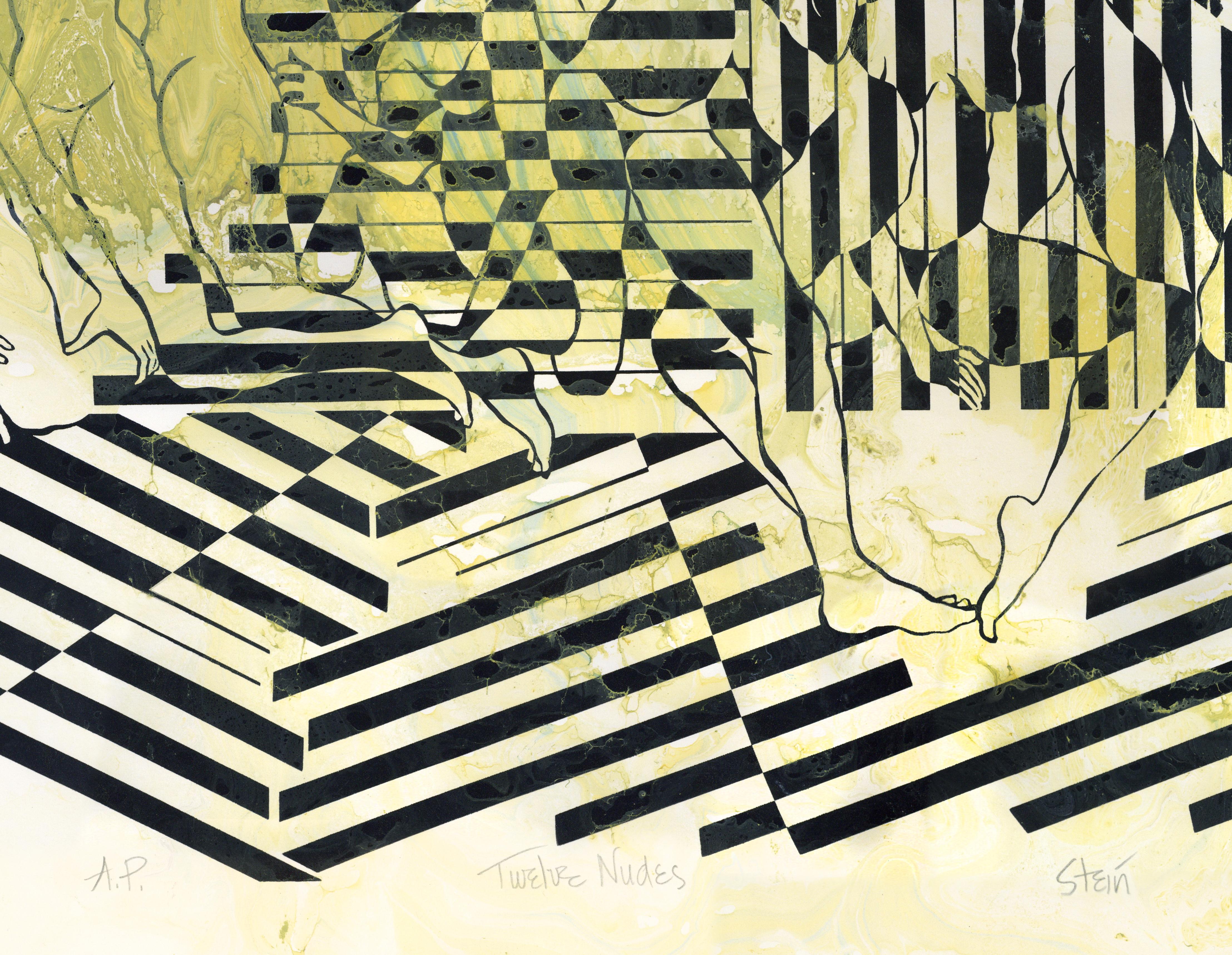 Contemporary Fine Art Screen Print Yellow Green Marbleize - Twelve Nudes 360.056 For Sale 5