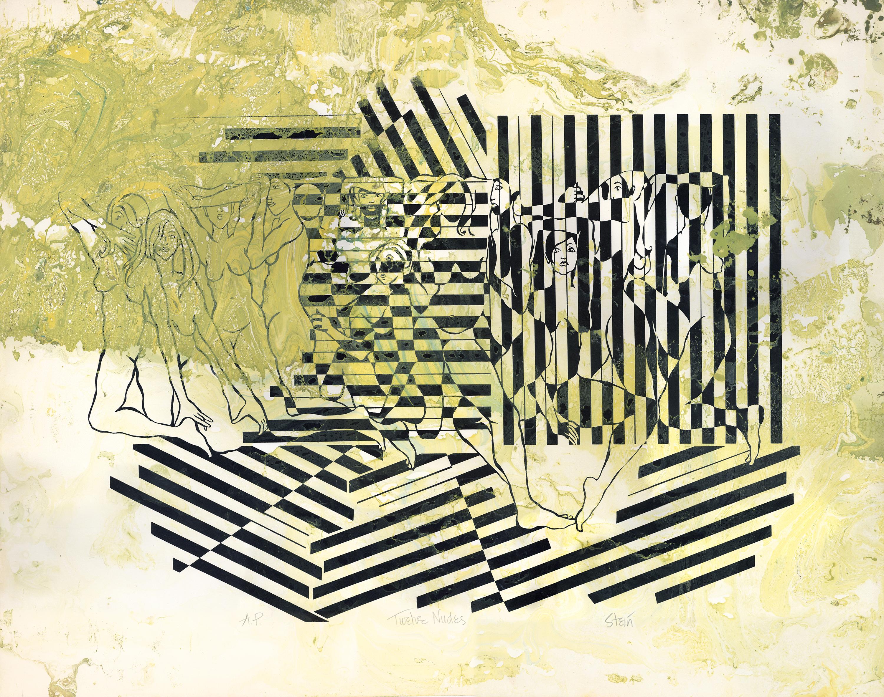 Contemporary Fine Art Screen Print Yellow Green Marbleize - Twelve Nudes 360.056