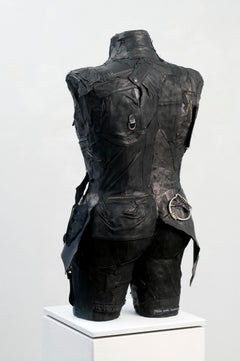Feminist Contemporary Black/Silver Leather Metal Torso Sculpture - Captain 701