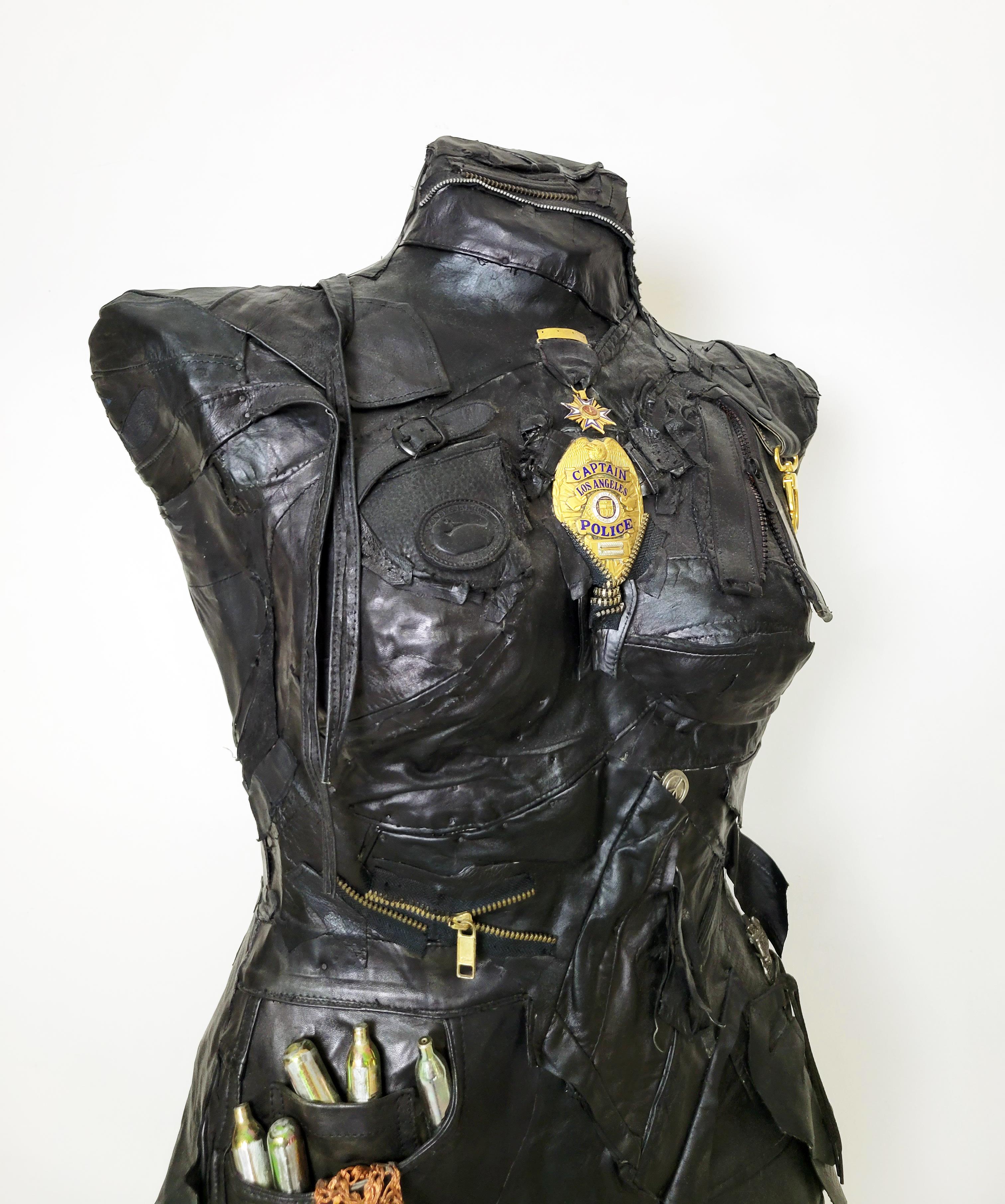 Feminist Contemporary Black/Silver Leather Metal Torso Sculpture - Captain 701 For Sale 1