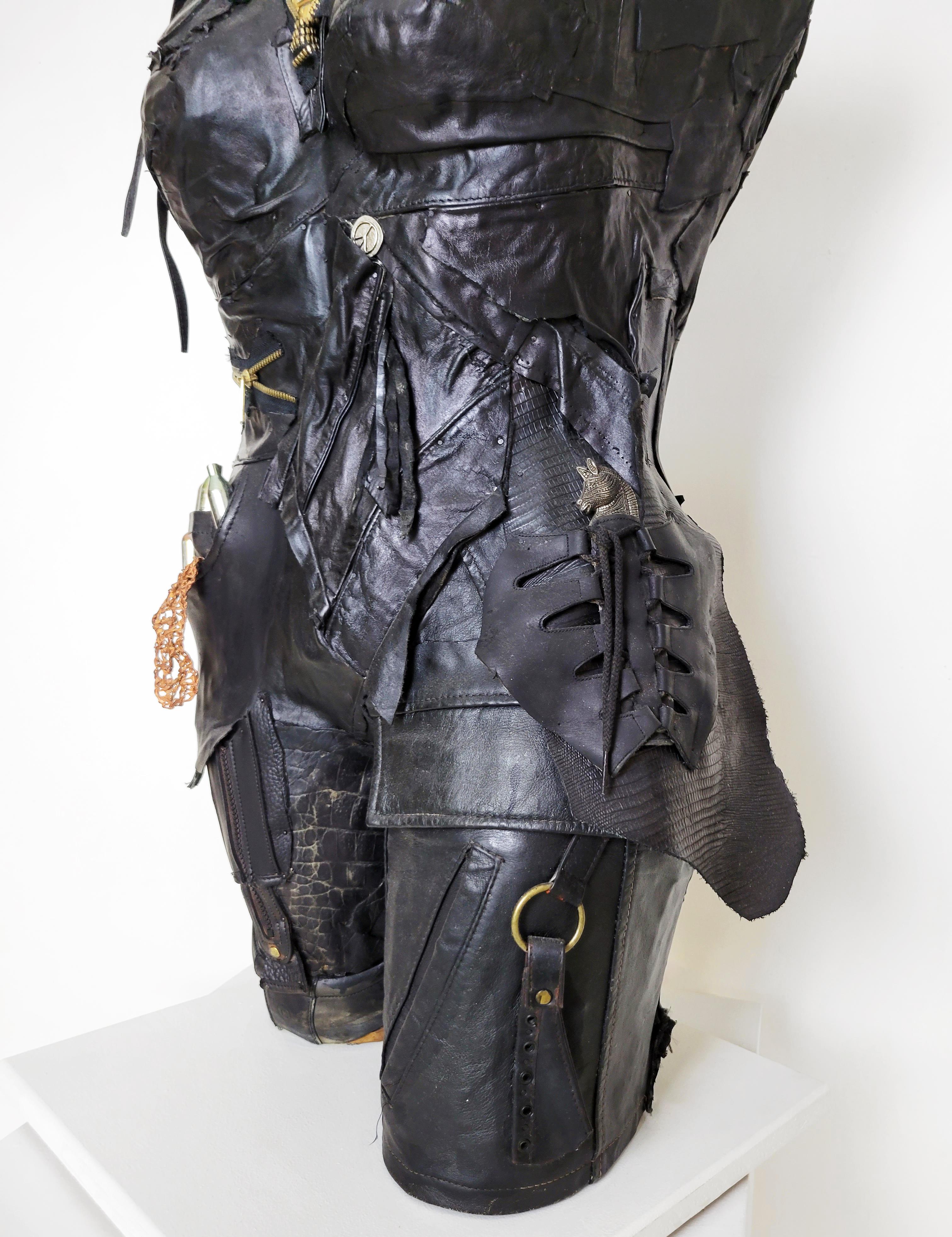 Feminist Contemporary Black/Silver Leather Metal Torso Sculpture - Captain 701 For Sale 2