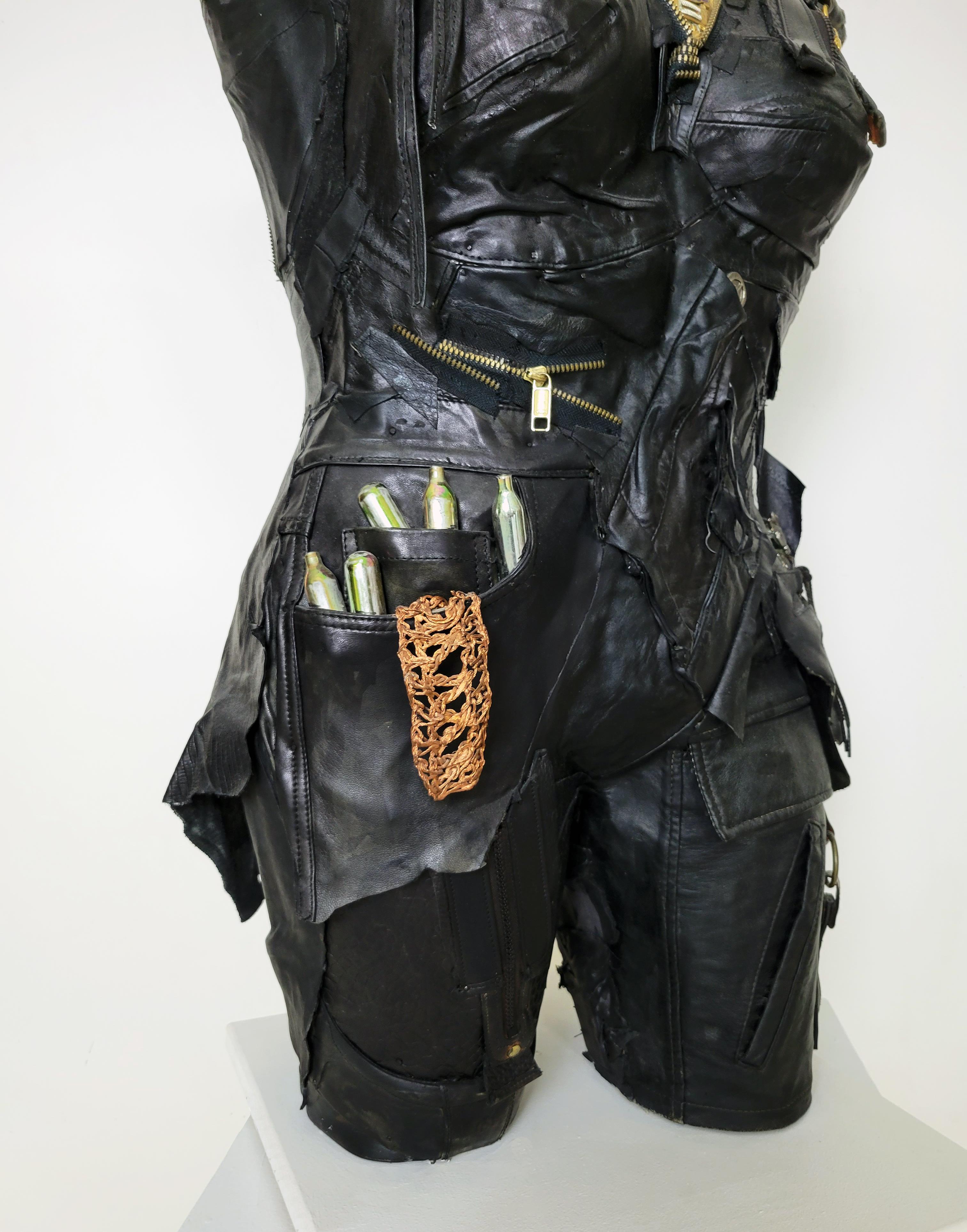 Feminist Contemporary Black/Silver Leather Metal Torso Sculpture - Captain 701 For Sale 3