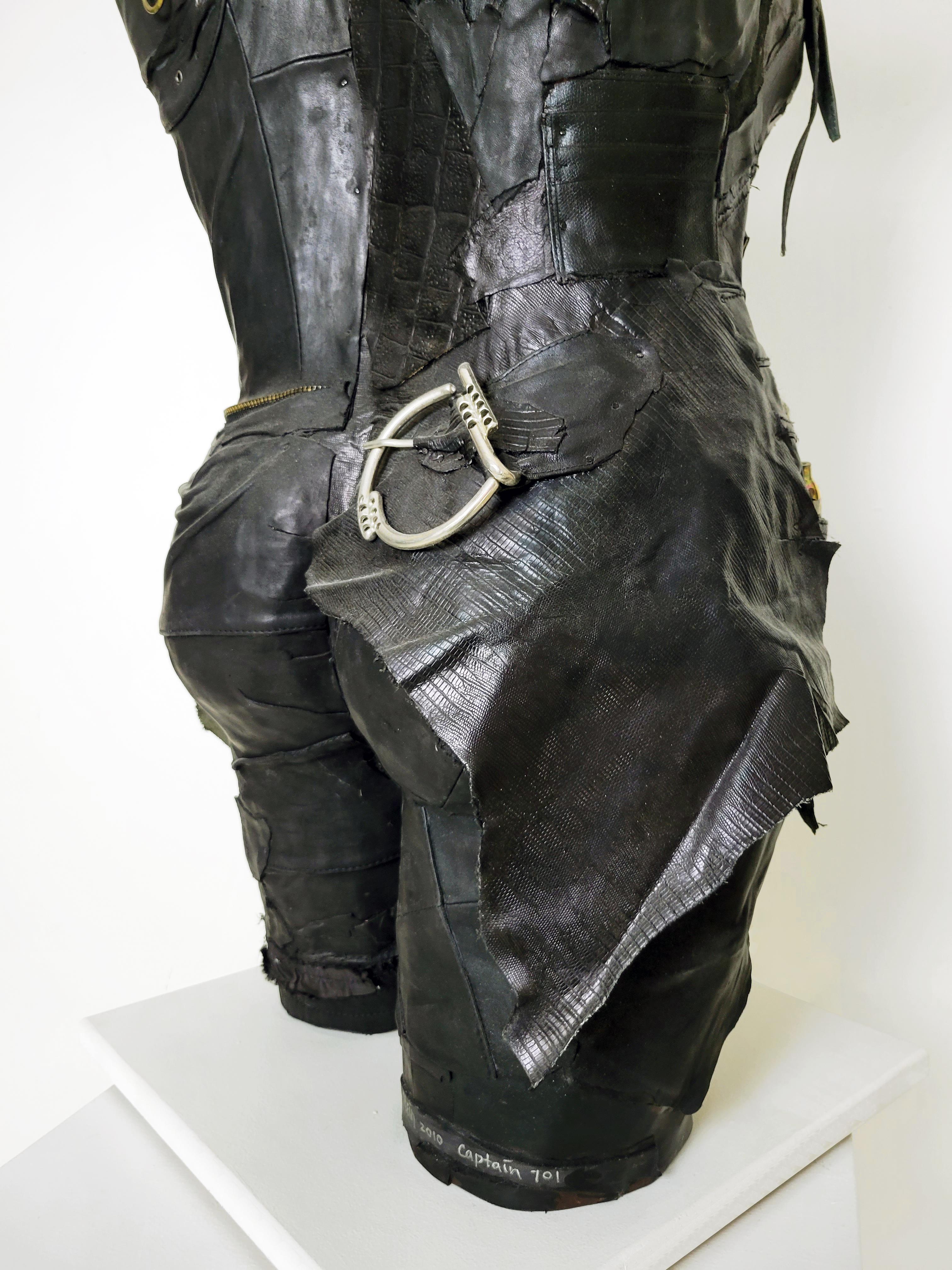 Feminist Contemporary Black/Silver Leather Metal Torso Sculpture - Captain 701 For Sale 5