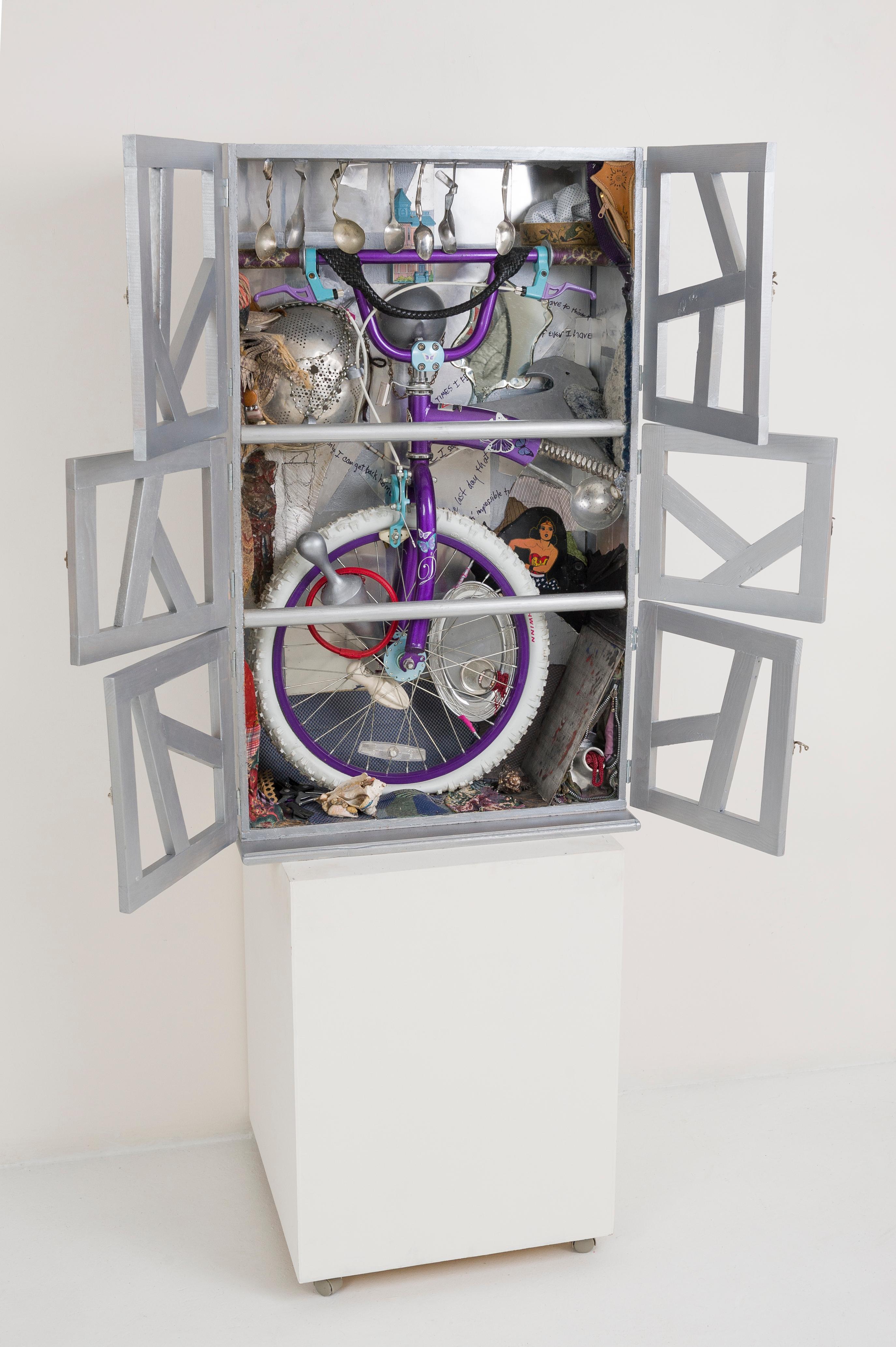 Abstract Sculpture de Linda Stein - Armario con Bicicleta 890 - Gabinete de Curiosidades, Escultura de Arte Wunderkammer
