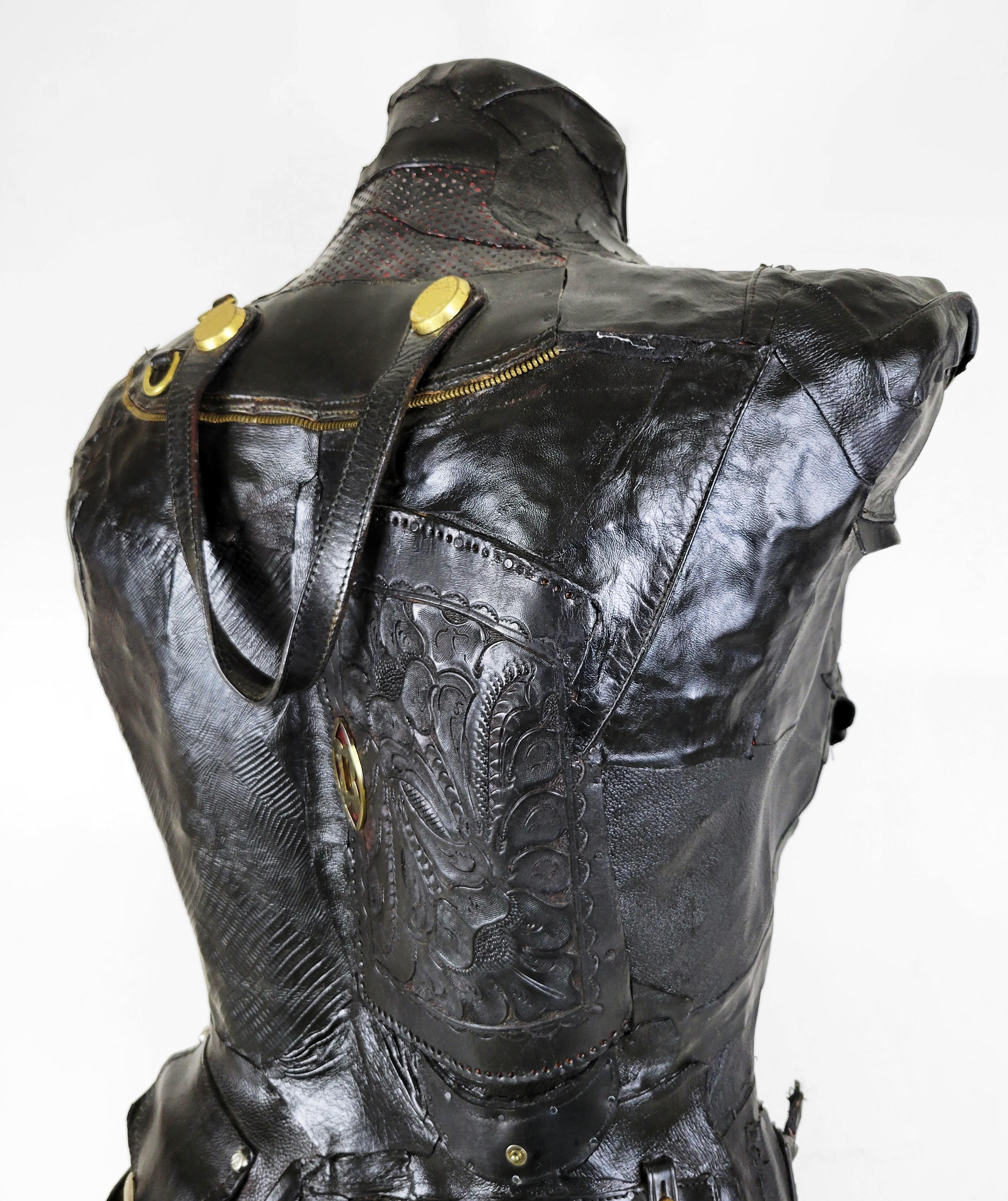 Feminist Contemporary Black/Silver Leather Metal Torso Sculpture - Defender 696 For Sale 8