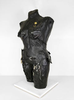 Feminist Contemporary Black/Silver Leather Metal Torso Sculpture - Defender 696