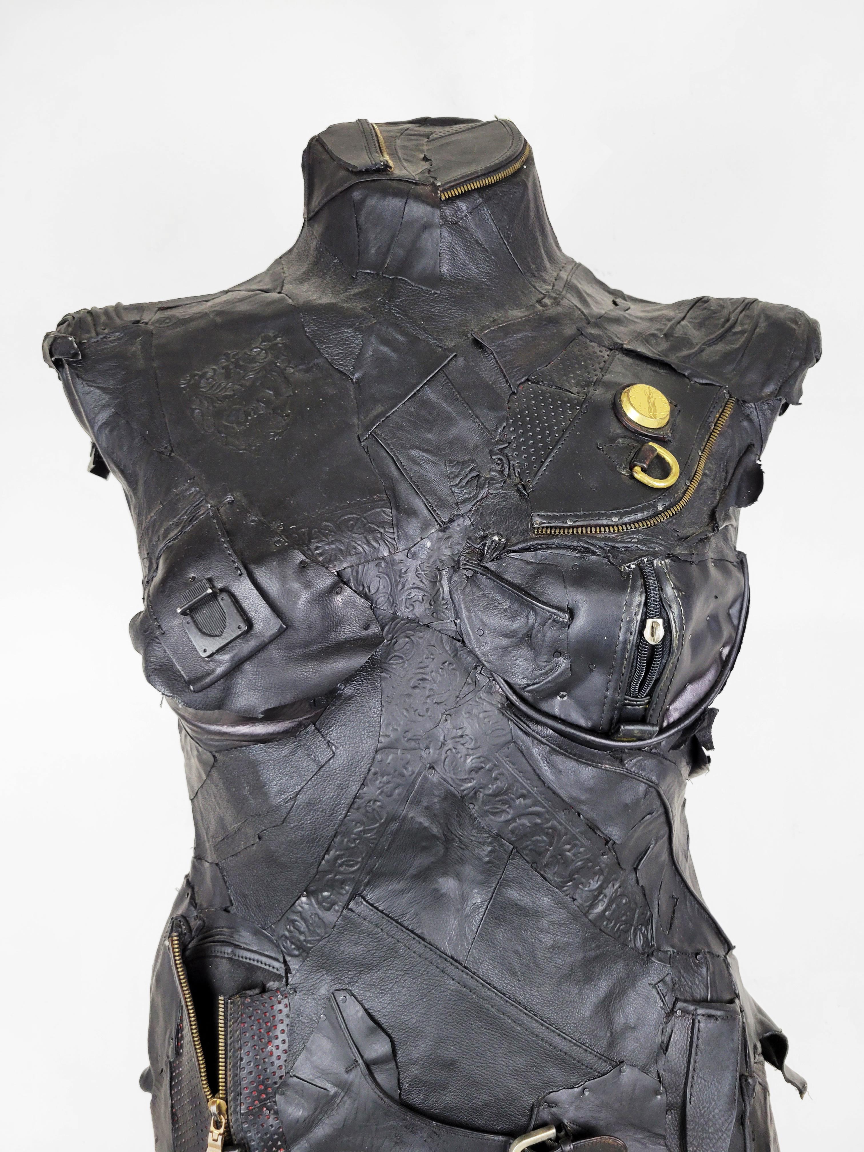 Feminist Contemporary Black/Silver Leather Metal Torso Sculpture - Defender 696 For Sale 3